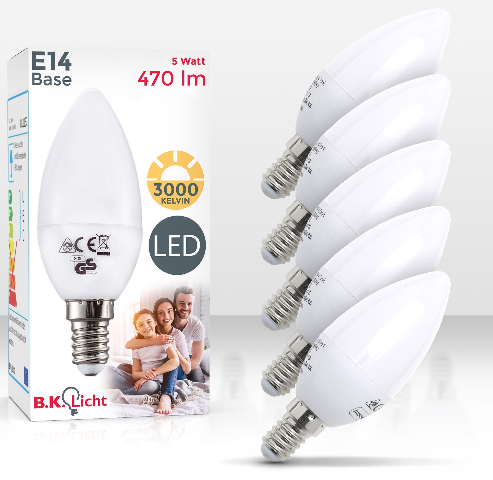 B.K.Licht LED-Leuchtmittel, E14, 5 St., Warmweiß, LED-Lampe Glühbirne 5 Watt 470 Lumen 3.000 Kelvin Energiesparlampe