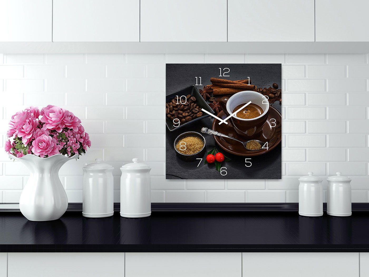 Levandeo® Wanduhr (Wanduhr Alu-Dibond 30x30cm Uhr Alubild Kaffee Braun Küch günstig online kaufen