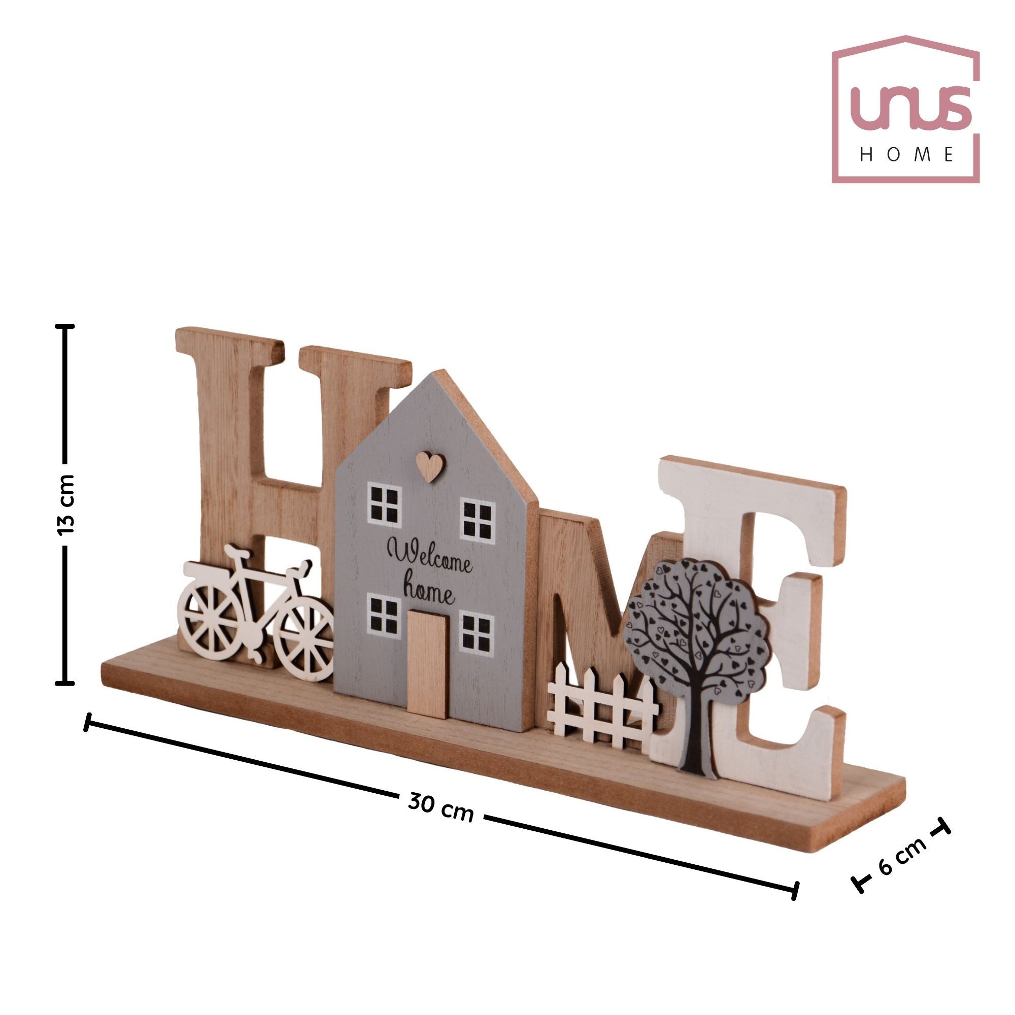 UNUS HOME Dekofigur Holzaufsteller Home "Welcome Home" Dekoration Wohnzimmer (13x30x6 cm (HxBxT), Holz-Aufsteller Dekoartikel, HOME-Motiv, Boho-Deko