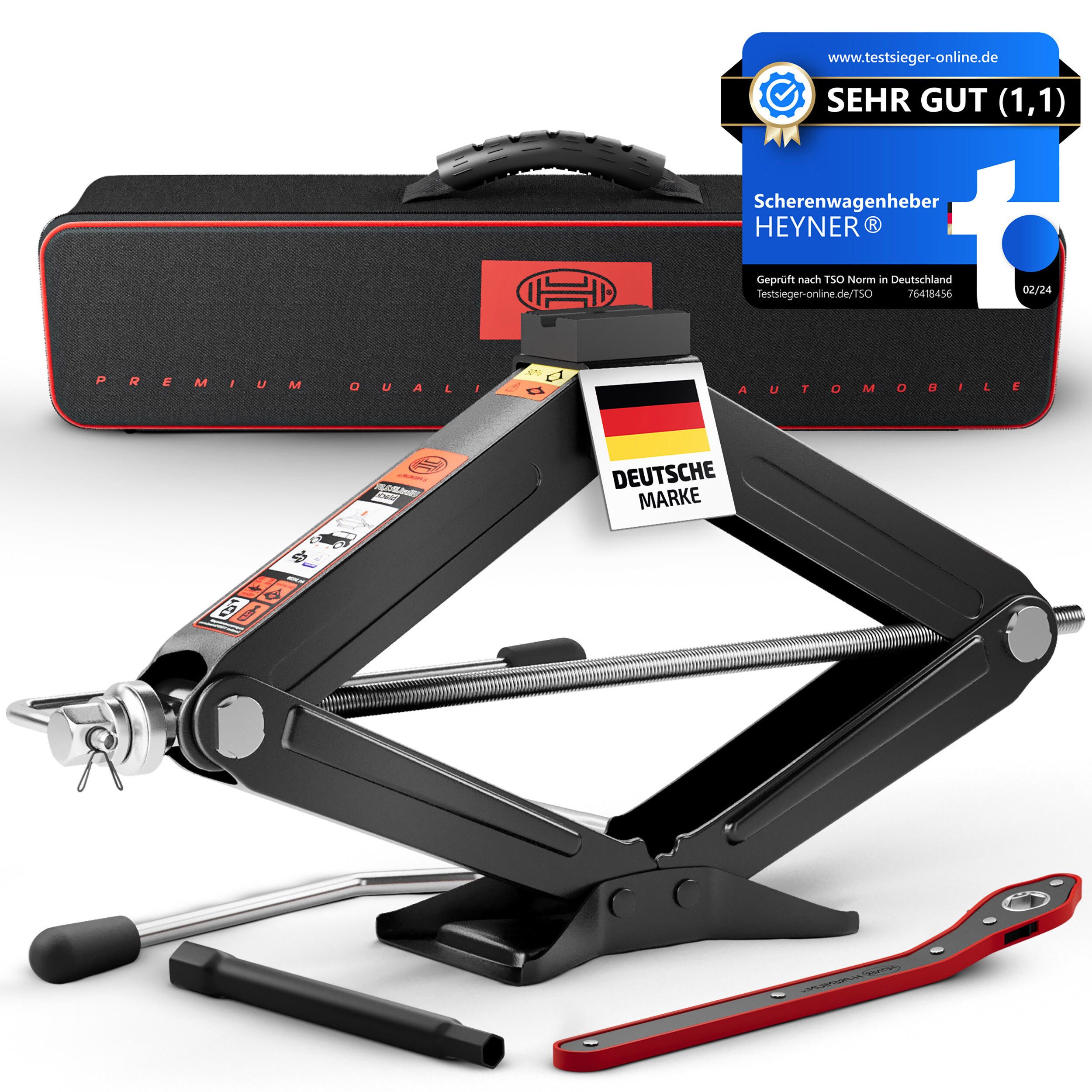 HEYNER Wagenheber Scherenwagenheber + Ratsche Verlängerung Gummiauflage 2t inkl. Tasche, max. Hubhöhe: 44.2 cm, Set