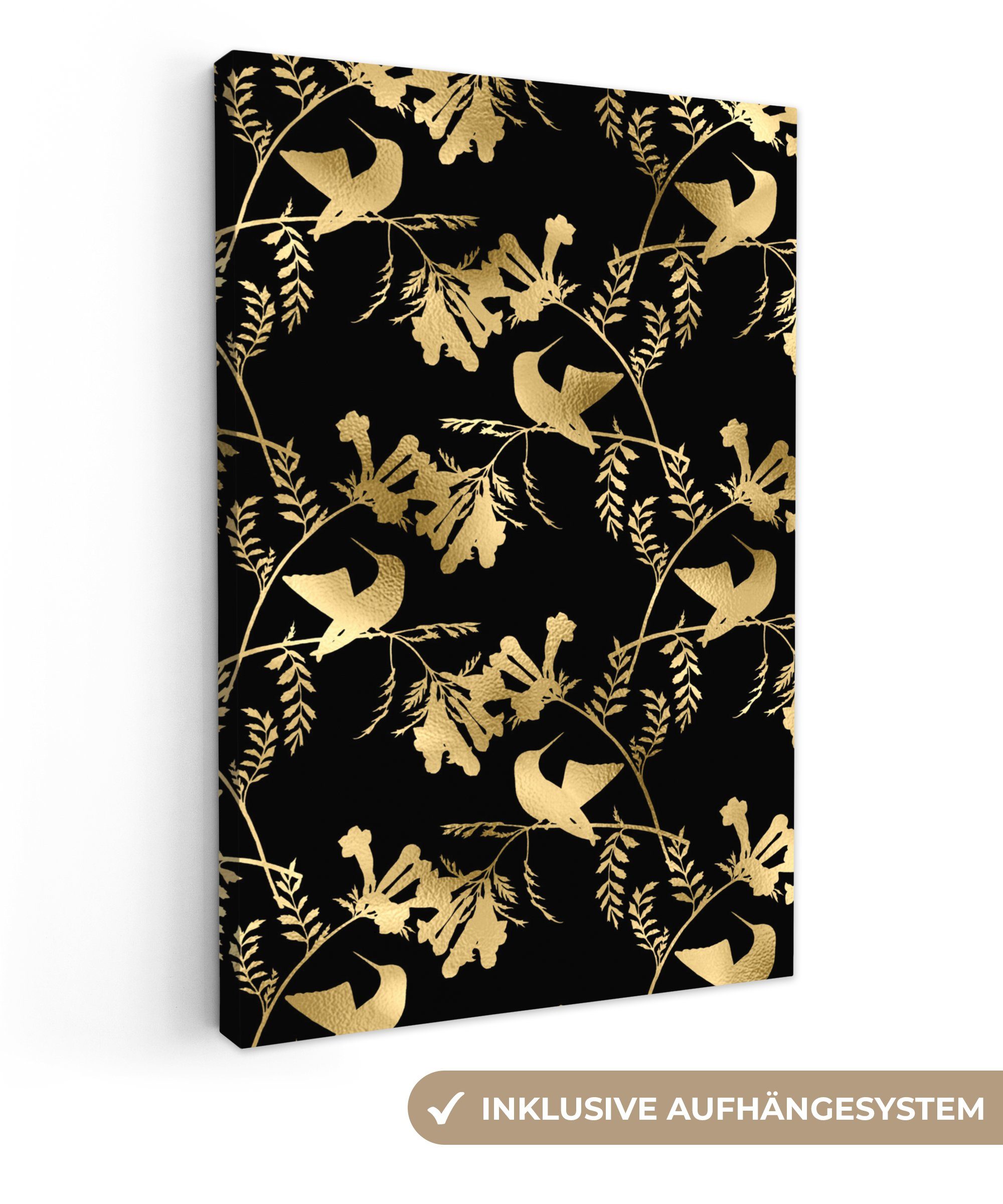 OneMillionCanvasses® Leinwandbild Muster - Vögel - Gold, (1 St), Leinwandbild fertig bespannt inkl. Zackenaufhänger, Gemälde, 20x30 cm