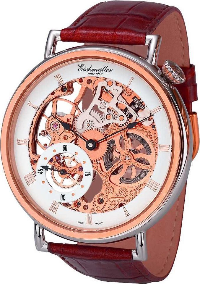 Eichmüller Mechanische Uhr 8218-05 Skelettuhr Handaufzug Lederband rose  bicolor-braun 50 mm