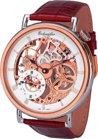 Eichmüller Mechanische Uhr 8218-05 Skelettuhr Handaufzug Lederband rose bicolor-braun 50 mm