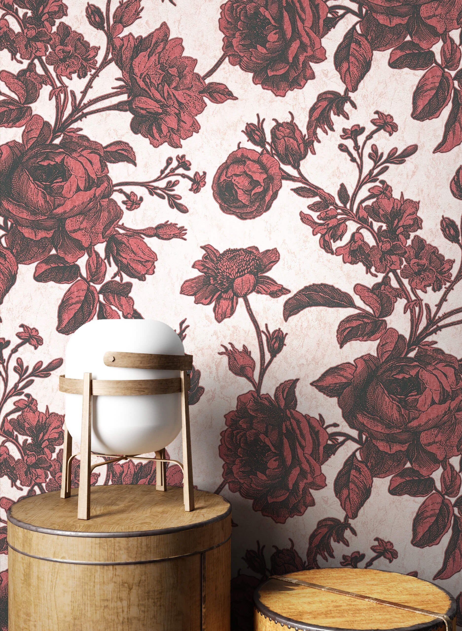 Newroom Vliestapete, Rosa Tapete Floral Blumen - Blumentapete Rot Romantisch Modern Rosen Beton für Wohnzimmer Schlafzimmer Flur