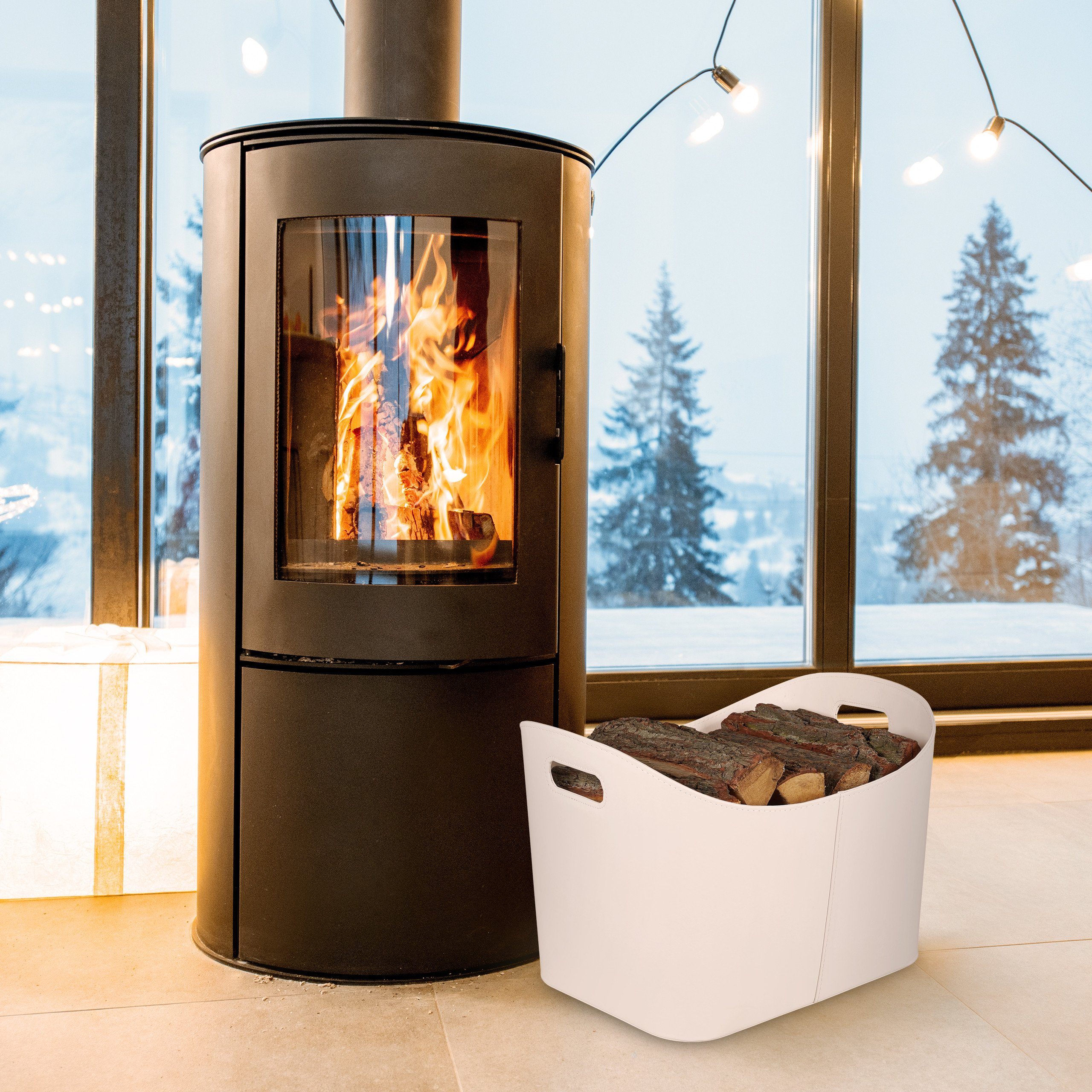 relaxdays Kaminholzkorb Cremeweißer Holzkorb Kunstleder, XL günstig online kaufen