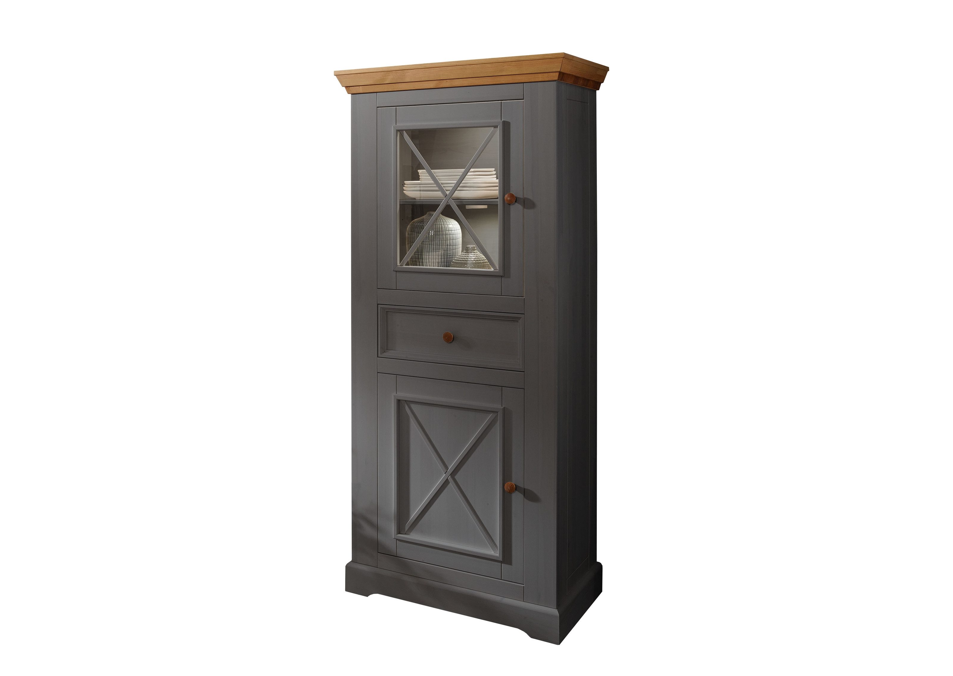 Lebenswert Vitrine WZ-0133 (BxHxT: 79x177x42 cm) aus Kiefer massiv in grau mit einer Schublade und einer Tür