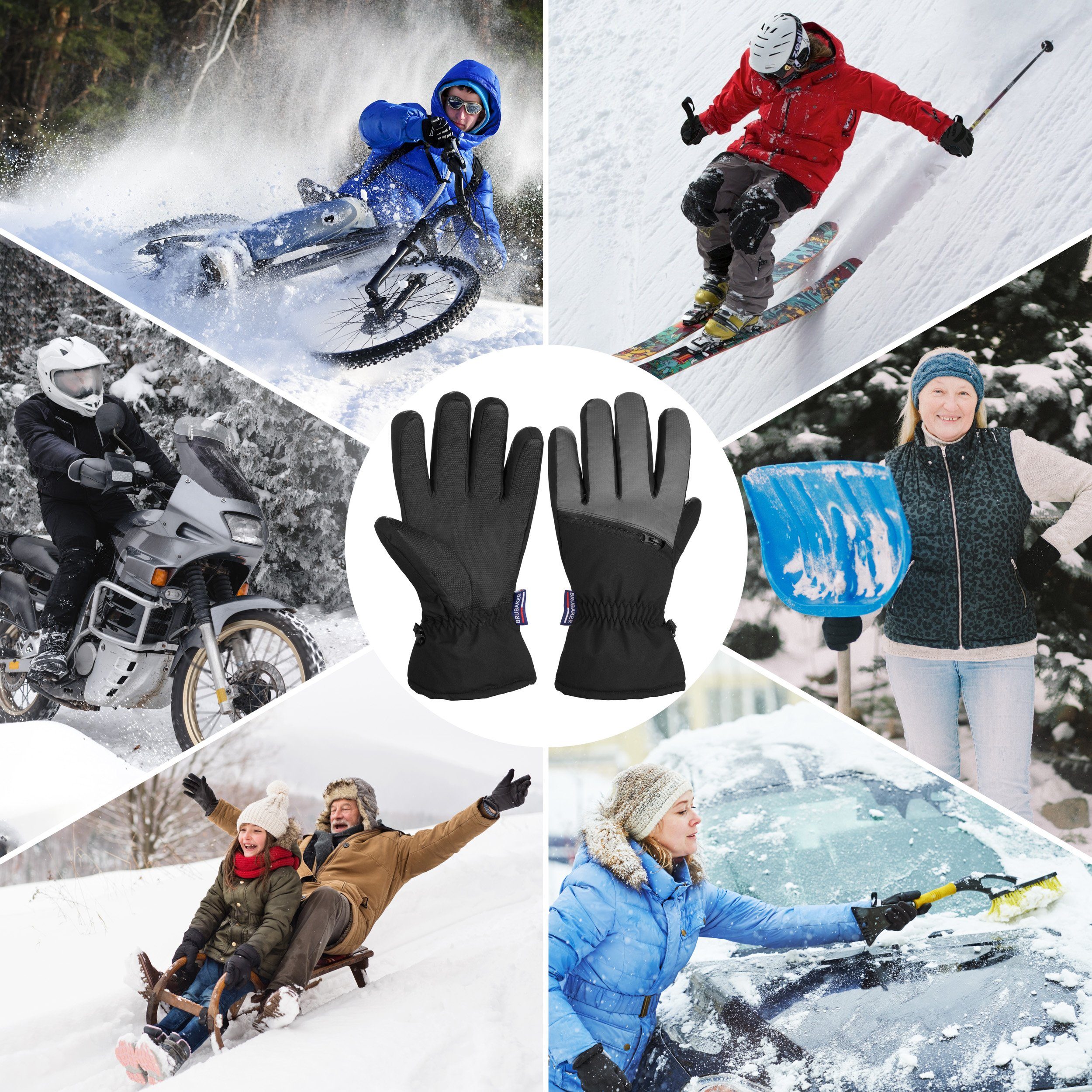 für Handschuhe - Snowboardhandschuhe Reißverschluss mit und für Skihandschuhe Damen Schwarz Snowboard Winddicht BRUBAKER Extra & Winterhandschuhe - Warme - Tasche Thermo Wasserdicht Grau Herren