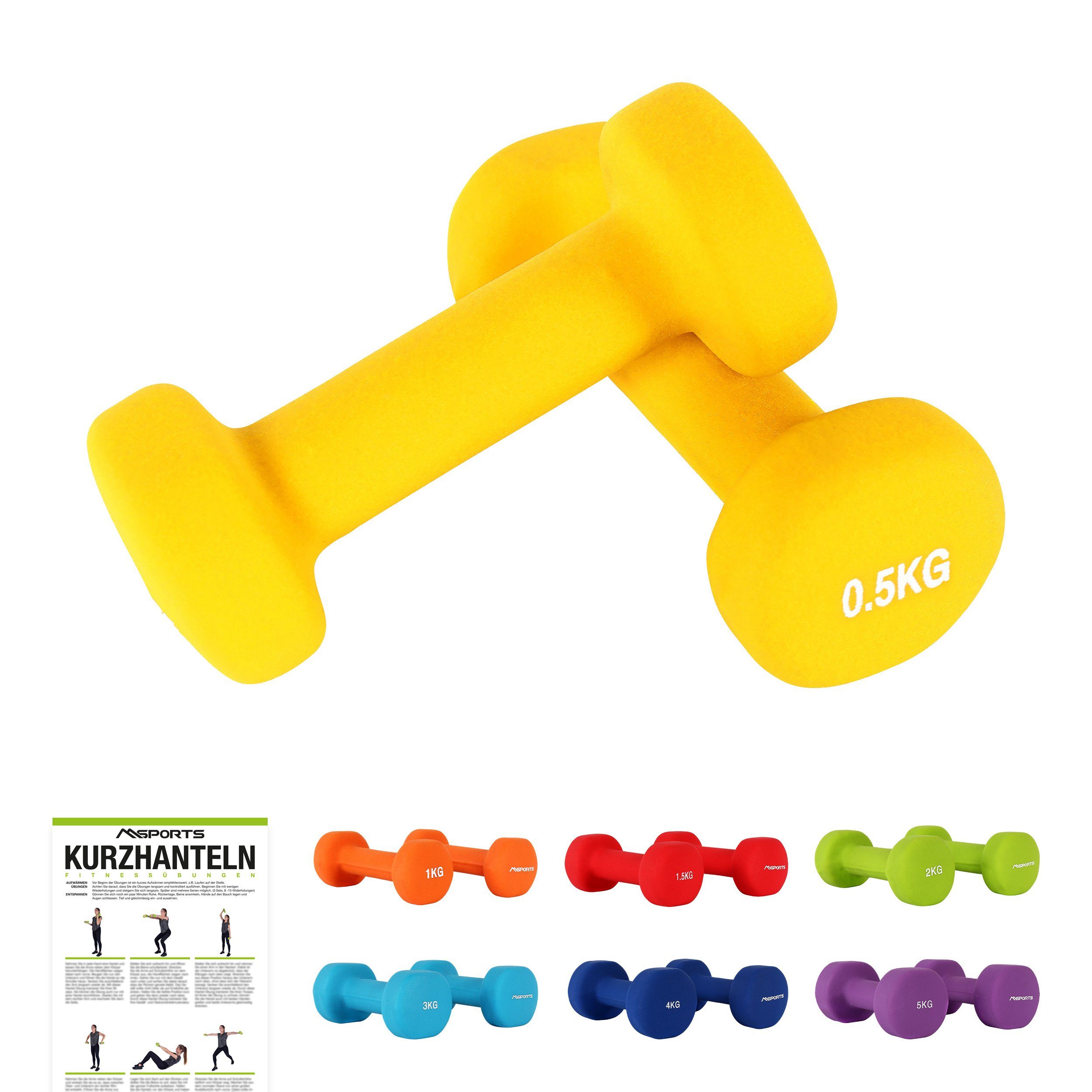 MSports® Hantel Hantelset Neopren 2er Set 0,5 – 5 kg Paar inkl. Übungsposter