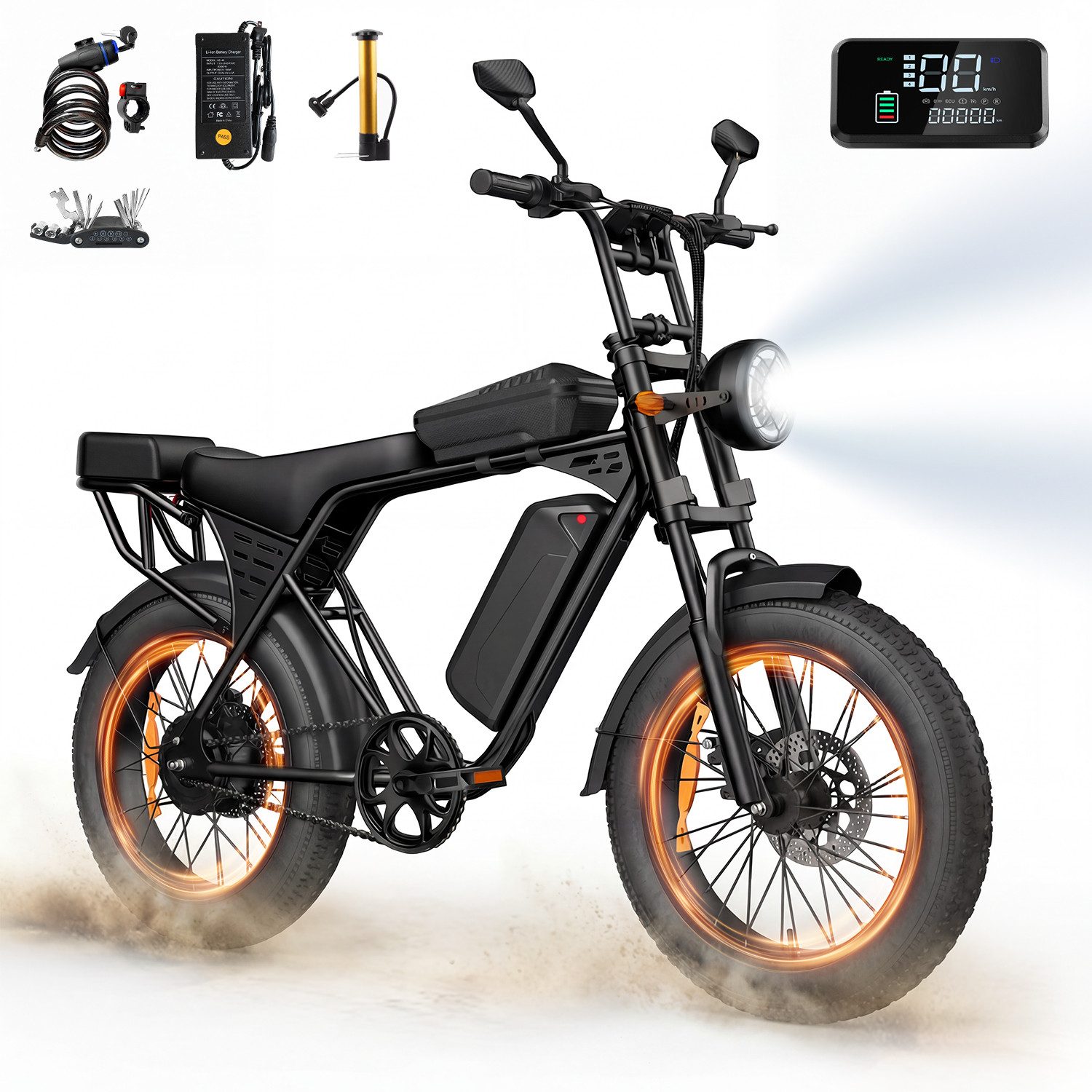 ibettertec E-Bike Fatbike,20 x 4 Zoll,48 V / 15 Ah Akku,250 W Motor,bis 80 km Reichweite, 250 Wh, (Pedelec Vollfederung, Farbdisplay, Blinker und Fronttasche)