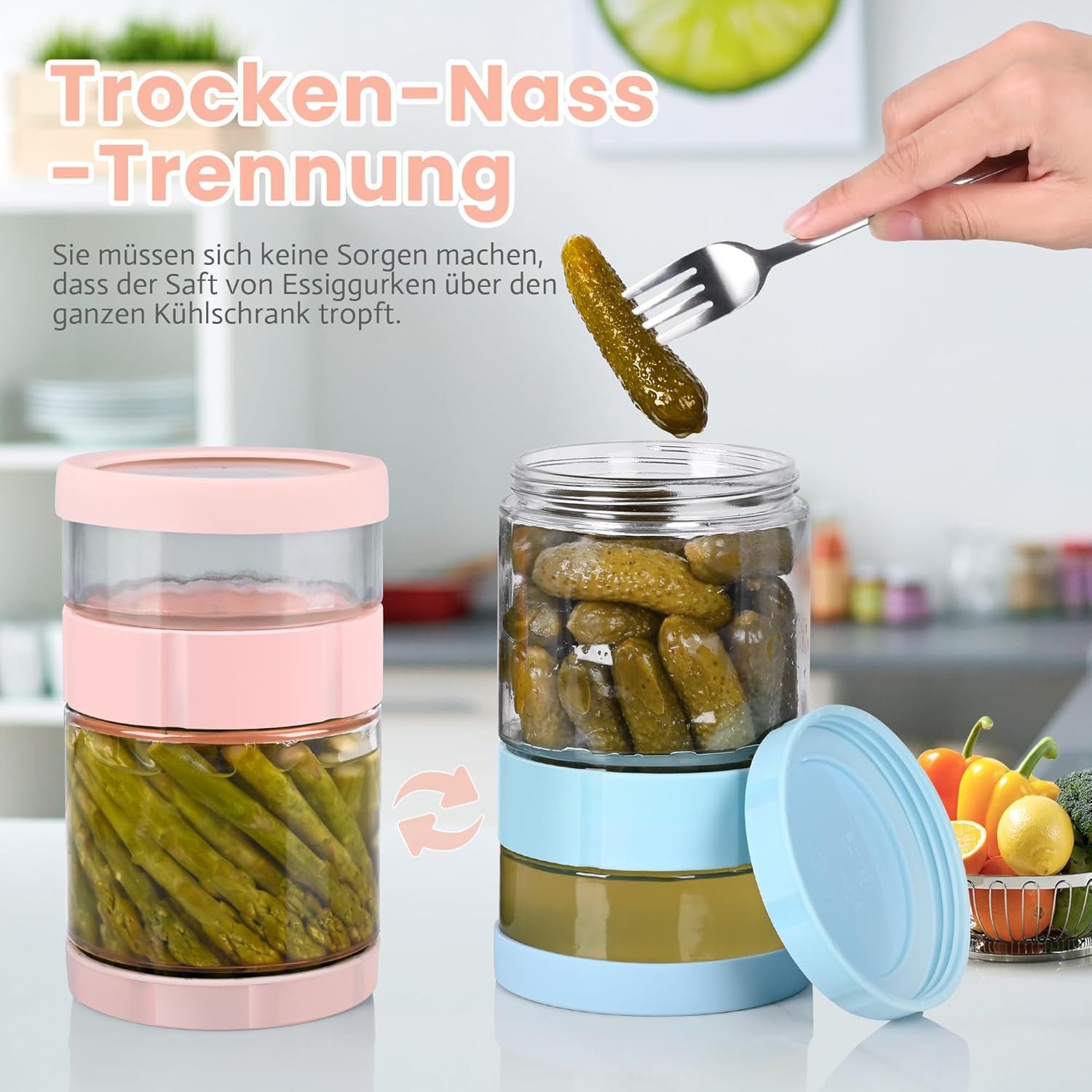 BlingBin Fermentationsglas 1.5L Luftdichtes Gurkengläser Mit Deckeln, Essiggurken Zum Umdrehen, Glas, Silikon, ABS, (1er Set, 1-tlg., Produktabmessungen: 19,8 × 11 × 11 cm), Gurkenspender, Nass Trocken Trennung Für Mahlzeitenzubereitung, Rosa