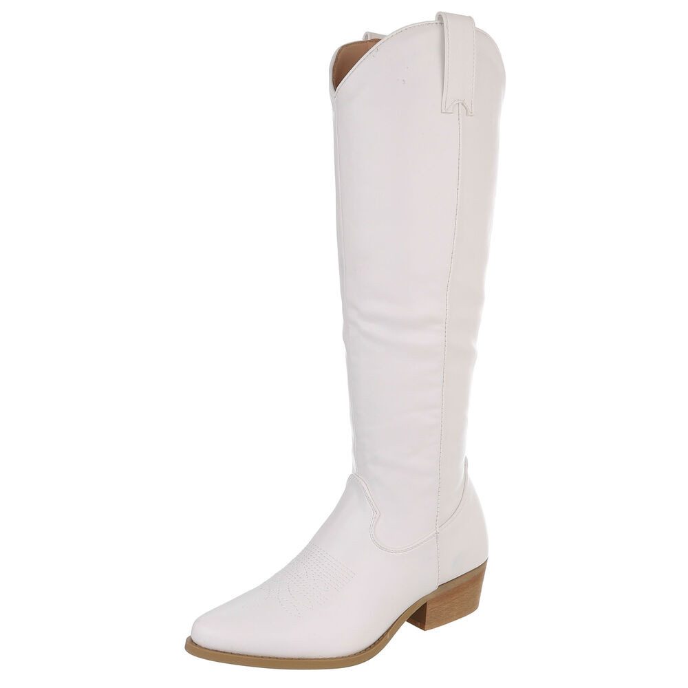 Ital-Design Damen Kniestiefel Western-Optik Blockabsatz Westernstiefel (92078629) Blockabsatz Stiefel in Weiß