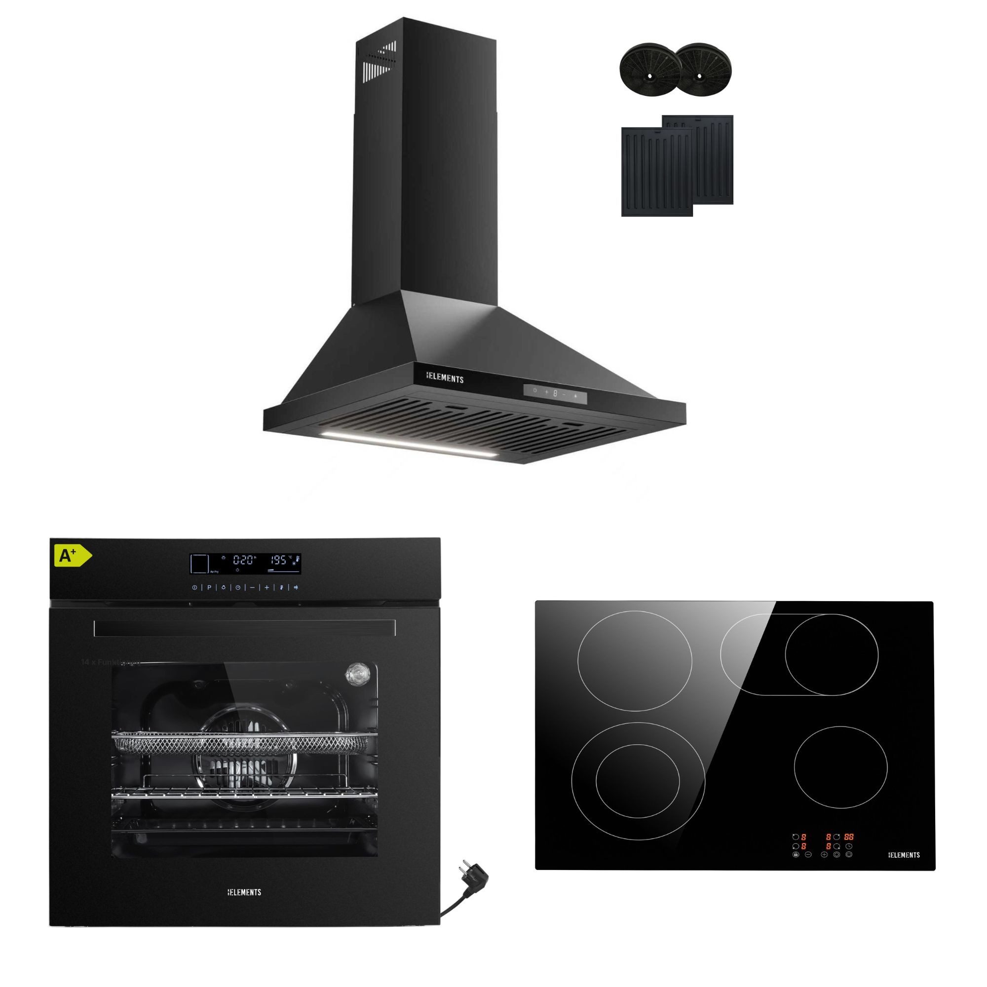 KB Elements Backofen-Set Einbaubackofen 60 cm mit 4-Zonen Glaskeramik Kochfeld 60 cm, mit 2-fach-Teleskopauszug, AQUA CLEAN, Einbaubackofen Full Touch mit 15 Funktionen, Air Fry Funktion