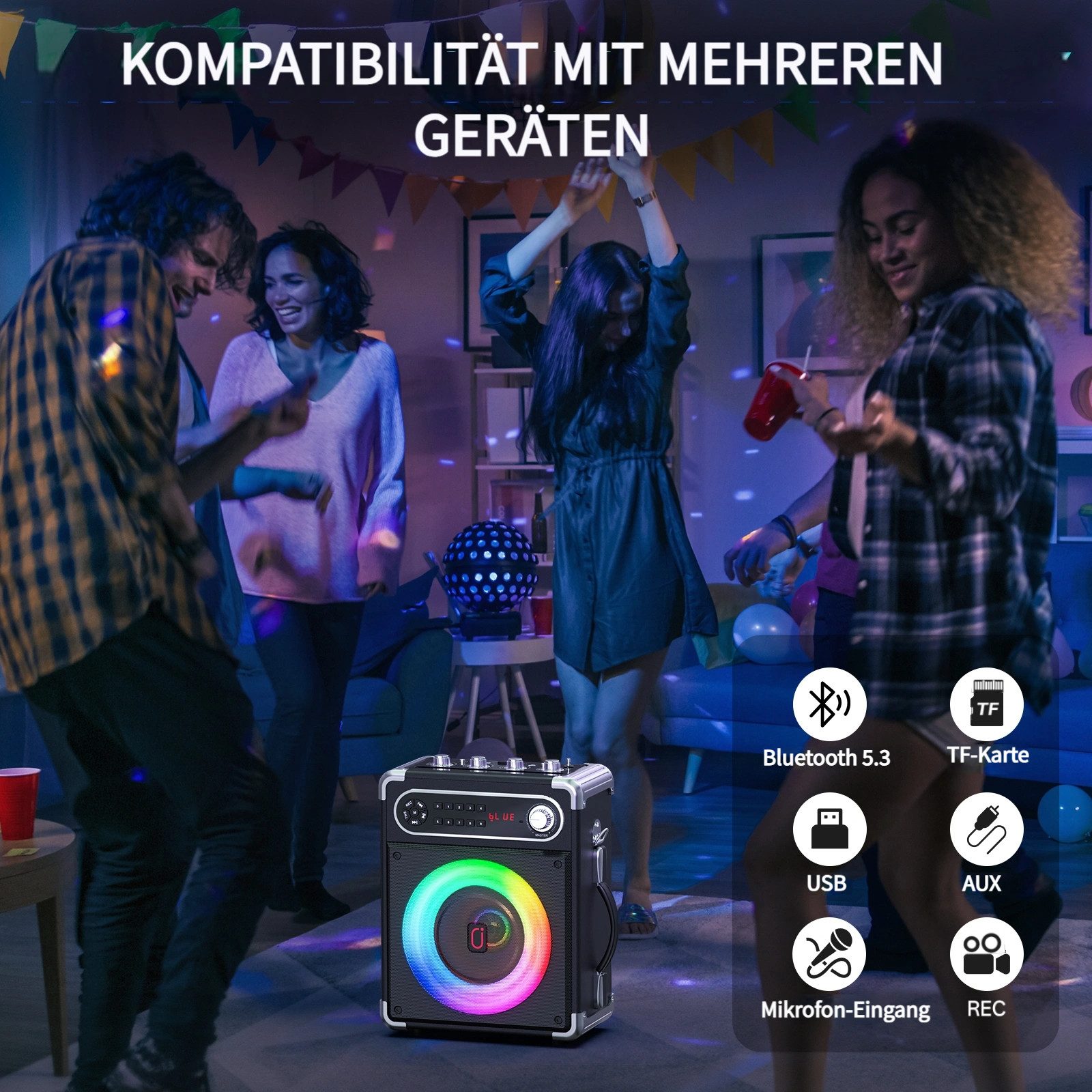 JYX Tragbarer Bluetooth-Lautsprecher mit 2 Mikrofonen Lautsprecher (Bluetooth 5.0, Unterstützt PA-System, Discolights, FM, REC-Funktionen, Fernbedienung)