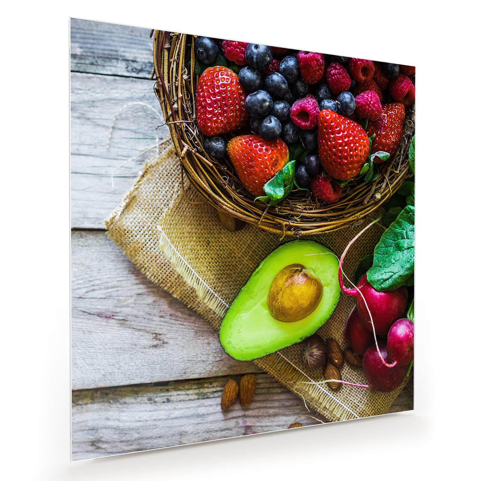 Primedeco Glasbild Wandbild Quadratisch Avocado und Beerenmix mit ...