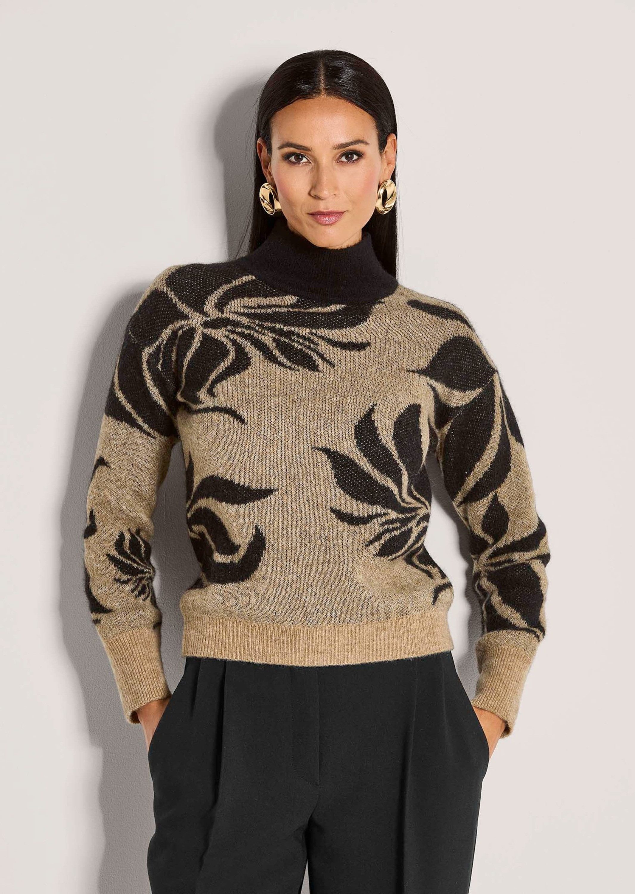 MADELEINE Strickpullover Stilvoller Wollpullover mit floralem Jacquard-Muster Herbstlicher Pullover mit Stehkragen, Rippstrick und Langarm