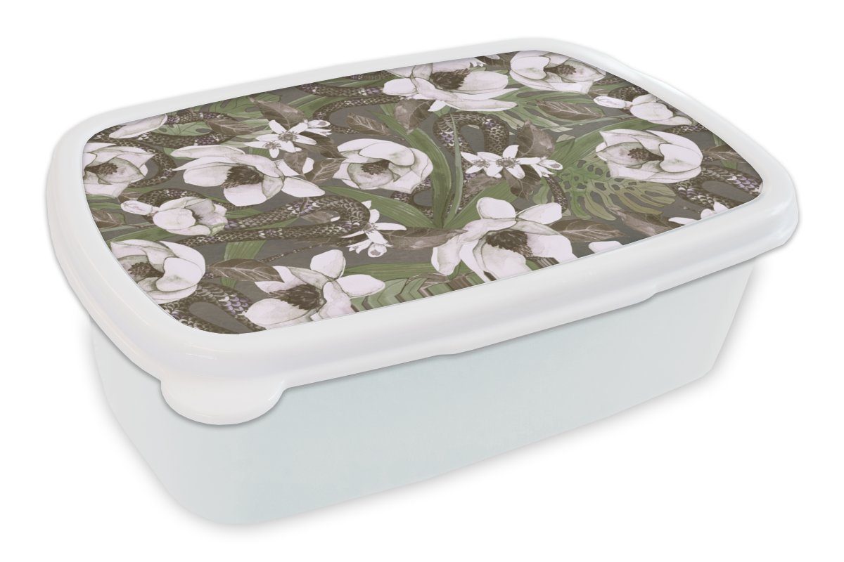 MuchoWow Lunchbox Blumen - Dschungel - Muster, Kunststoff, (2-tlg), Brotbox für Kinder und Erwachsene, Brotdose, für Jungs und Mädchen weiß