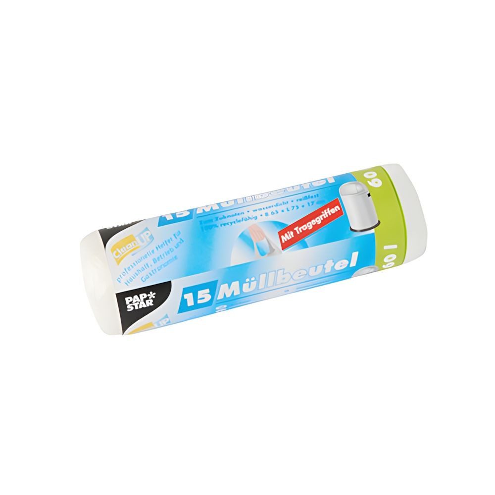 PAPSTAR Müllbeutel 15x Müllbeutel mit Tragegriffen HDPE 60 l 75 x 65cm transparent 12 my