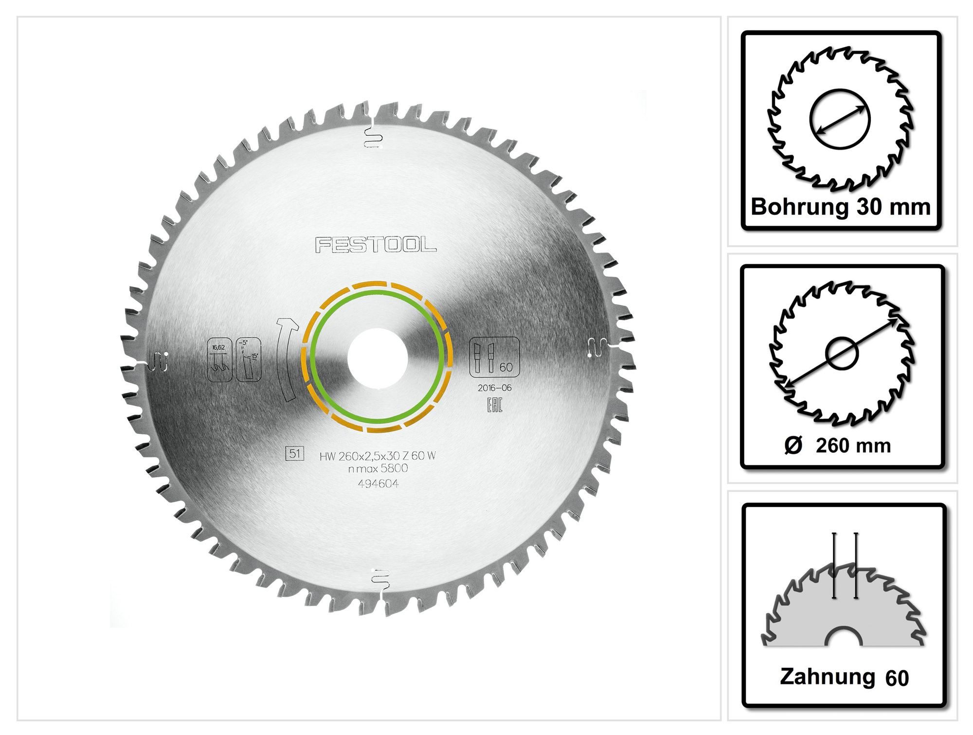 FESTOOL Kreissägeblatt Universal Sägeblatt W60 260 x 2,5 x 30 mm (494604) für Kapp Zugsäge
