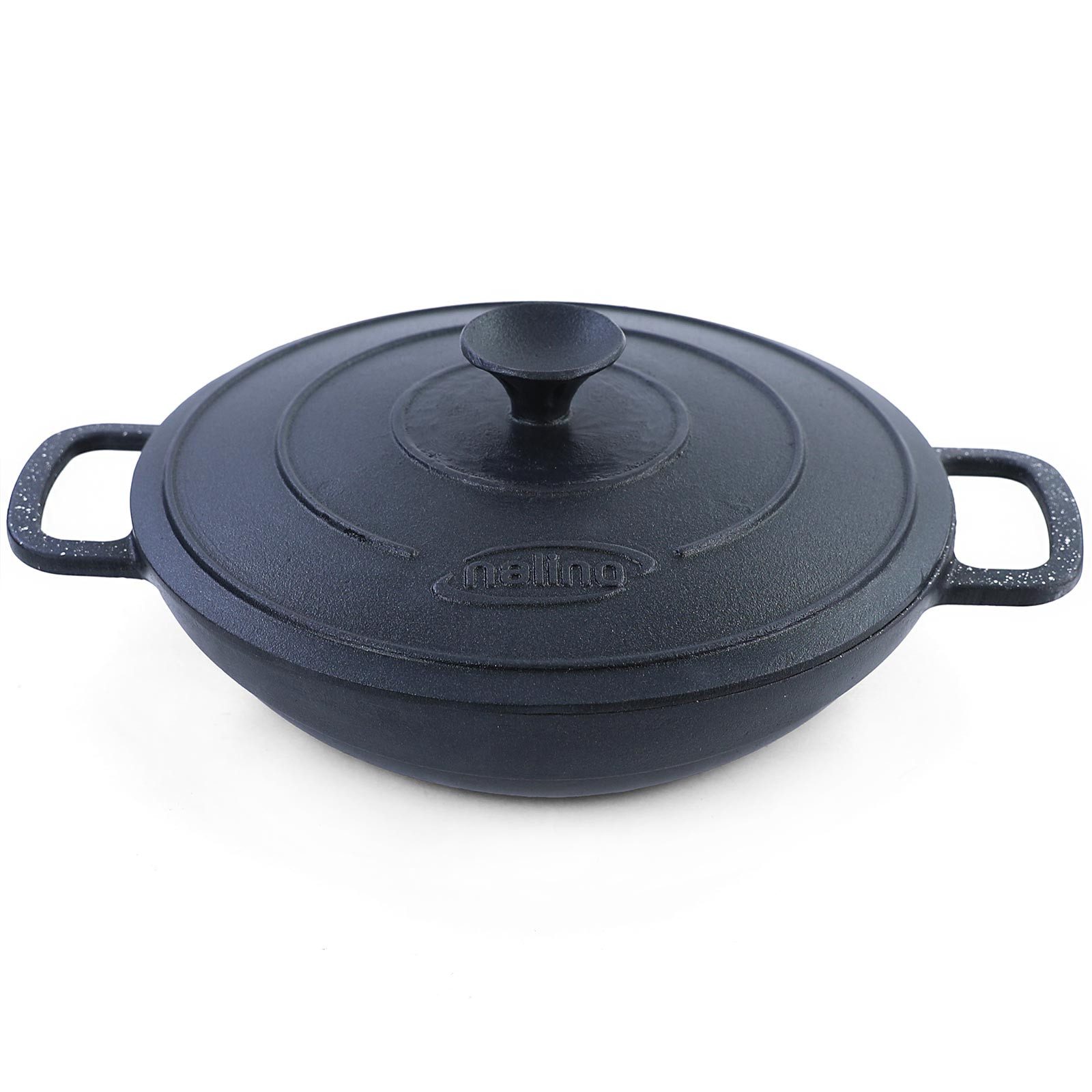 Grillpfanne 28cm Wok Pfanne Gusseisen Antihaftbeschichtet mit Deckel Massiv 4,7kg