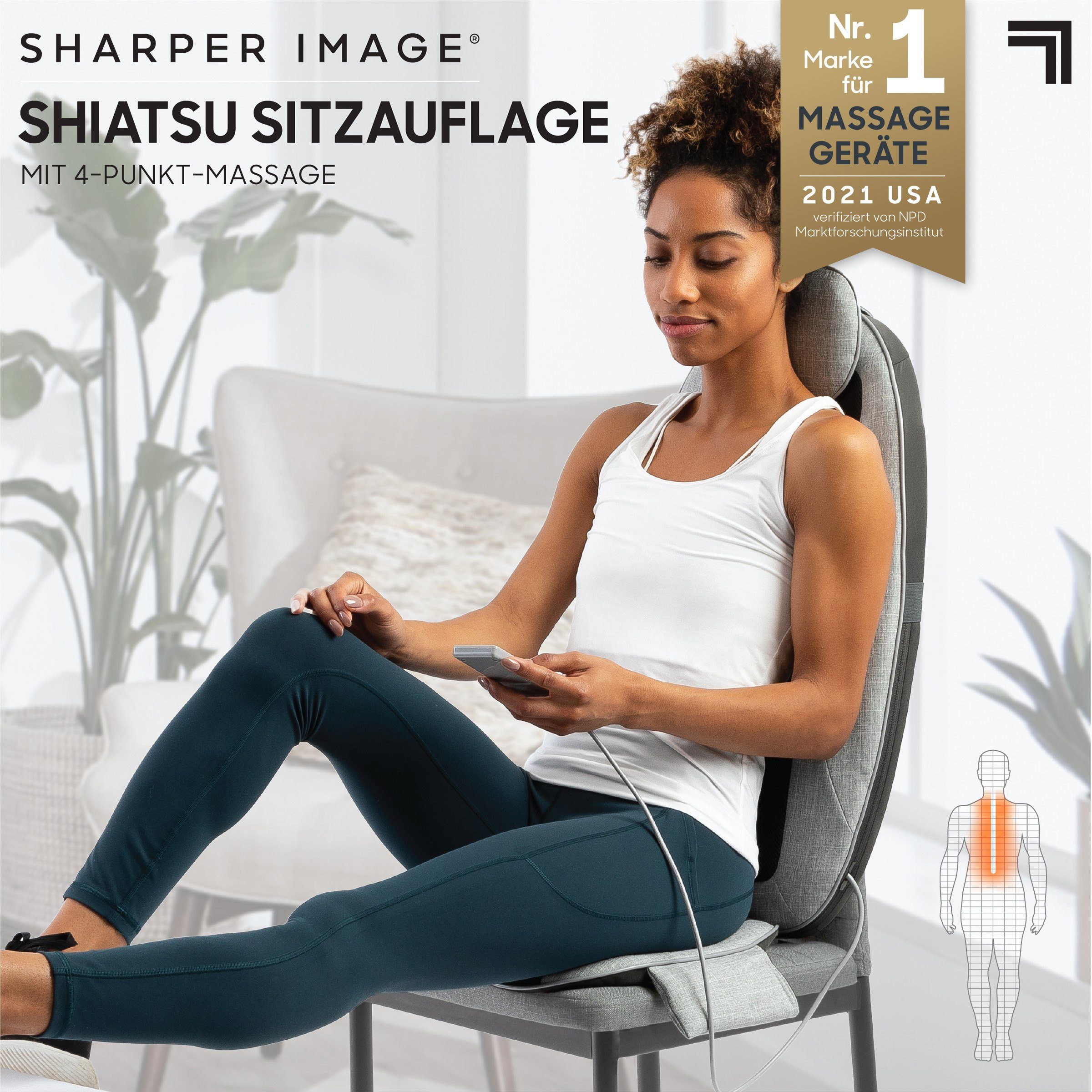 Sharper Image Massagesitzauflage Shiatsu Cushion, 1x Shiatsu-Sitzauflage, 1x Fernbedienung, mit einstellbarer Wärmefunktion und Vibrationsfunktion