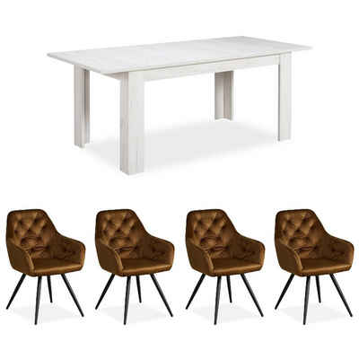 Homestyle4u Essgruppe Tisch Weiß ausziehbar 4 Stühle braun, (Komplett-Set, 5-tlg)