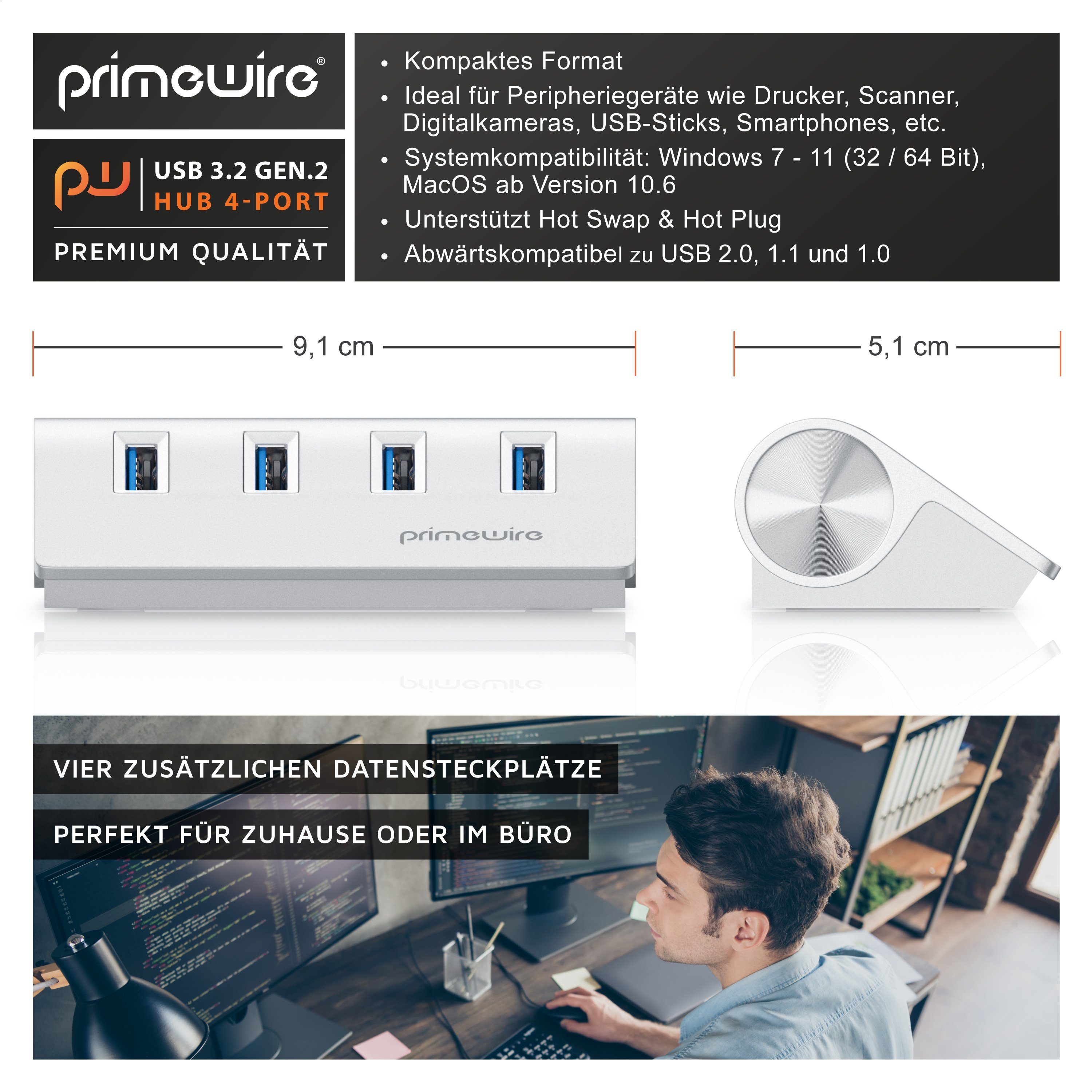 Primewire 4 Port USB 3.2 Gen2 Hub Aktiv Verteiler mit Netzteil, Alugehäuse USB-Adapter 1× USB Typ A Stecker zu 4 x USB 3.2 Gen2 Buchse, 10 Gbit/s für Festplatte – Bild 2 von 5