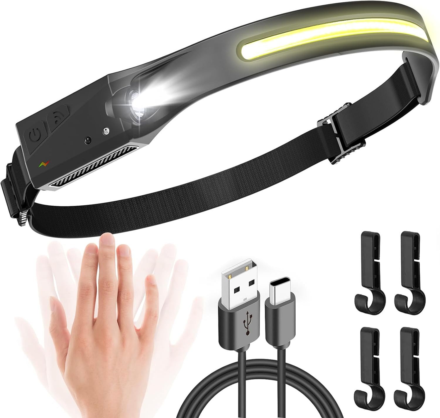 LED Stirnlampe 1/ 2Stück LED COB Kopflampe Scheinwerfer USB Wiederaufladbar mitSensor
