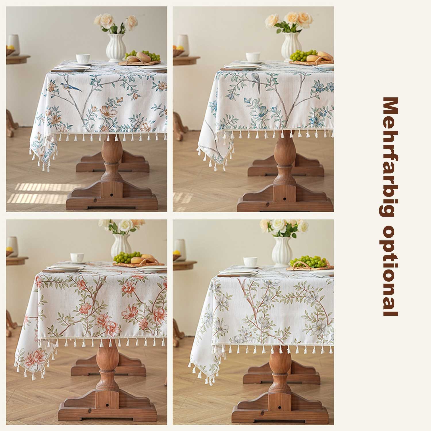 Refttenw Tischdecke Tischdecke mit Blumen und Vogelmuster, Quaste Dekoration,Party Dekor