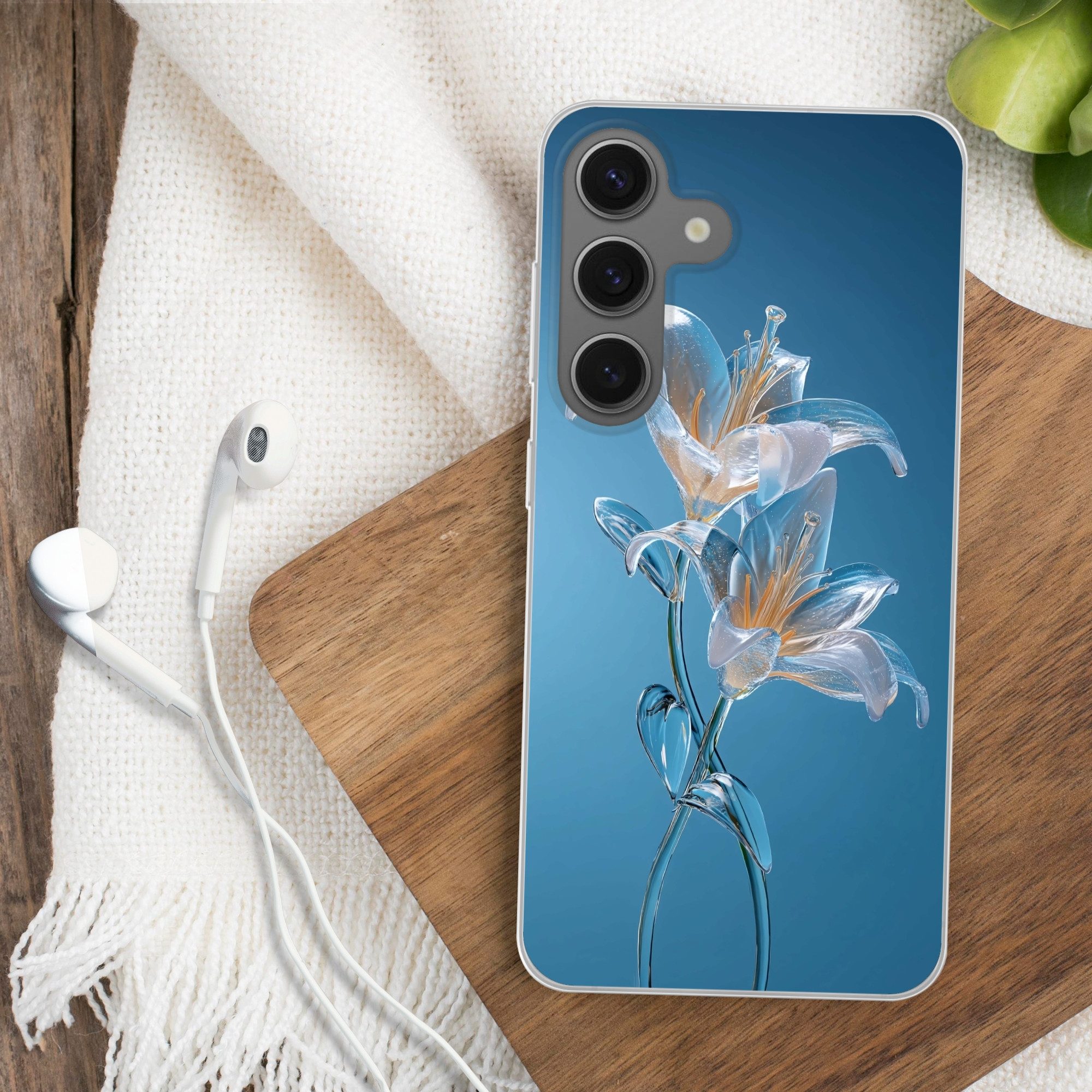 MuchoWow Handyhülle für Samsung Galaxy S25 Lilien - Blau - Gläser, Phone Case, Silikon, Schutzhülle Dünn