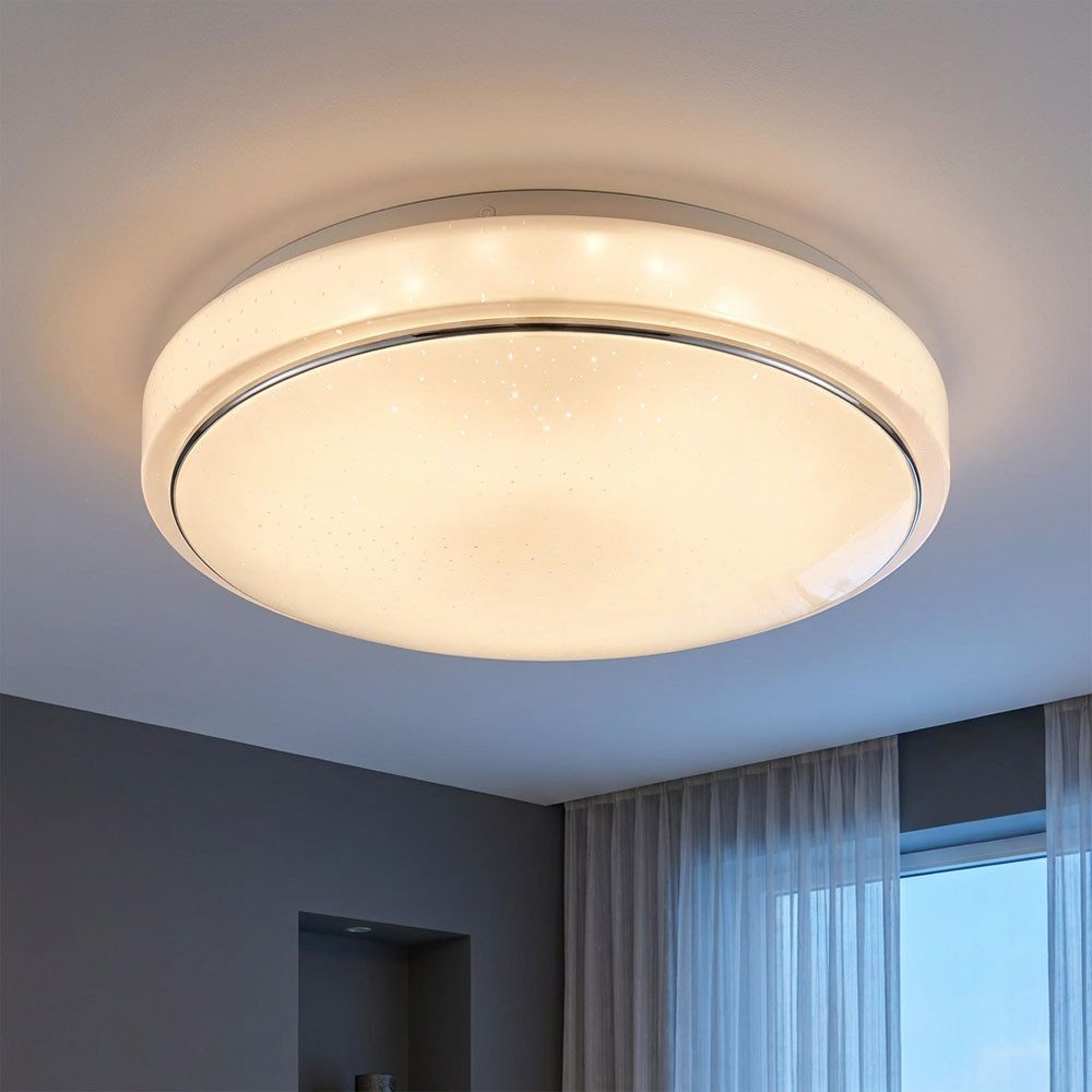GLOBO LIGHTING LED Deckenleuchte, LED-Leuchtmittel fest verbaut, Warmweiß, LED Deckenleuchte Sterneneffekt weiß Chromring Wohnzimmerleuchte