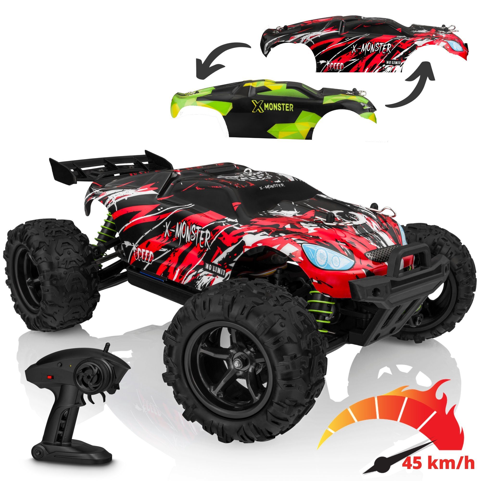 Overmax RC-Auto MONSTER 3.5 SPORT (2 Bodykits, Sport Rot und Schwarz-Grün Body Kit), 2x Akku / 40 min / 4x4 / Extra Bodykit / 3.5 Sport Rot