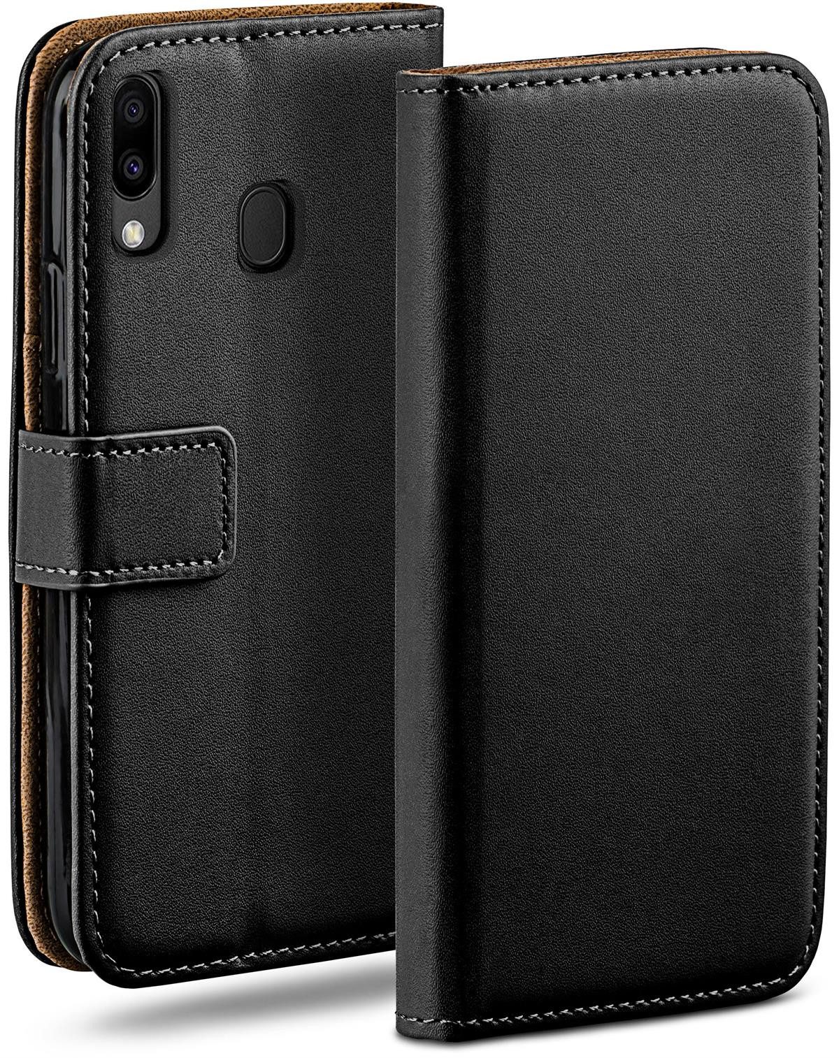 moex Handyhülle für Samsung Galaxy M20 Hülle Klappbar Book Case Schwarz 6,3 Zoll, Klapphülle Kartenfach Flip Cover Handytasche Leder Optik Schutzhülle