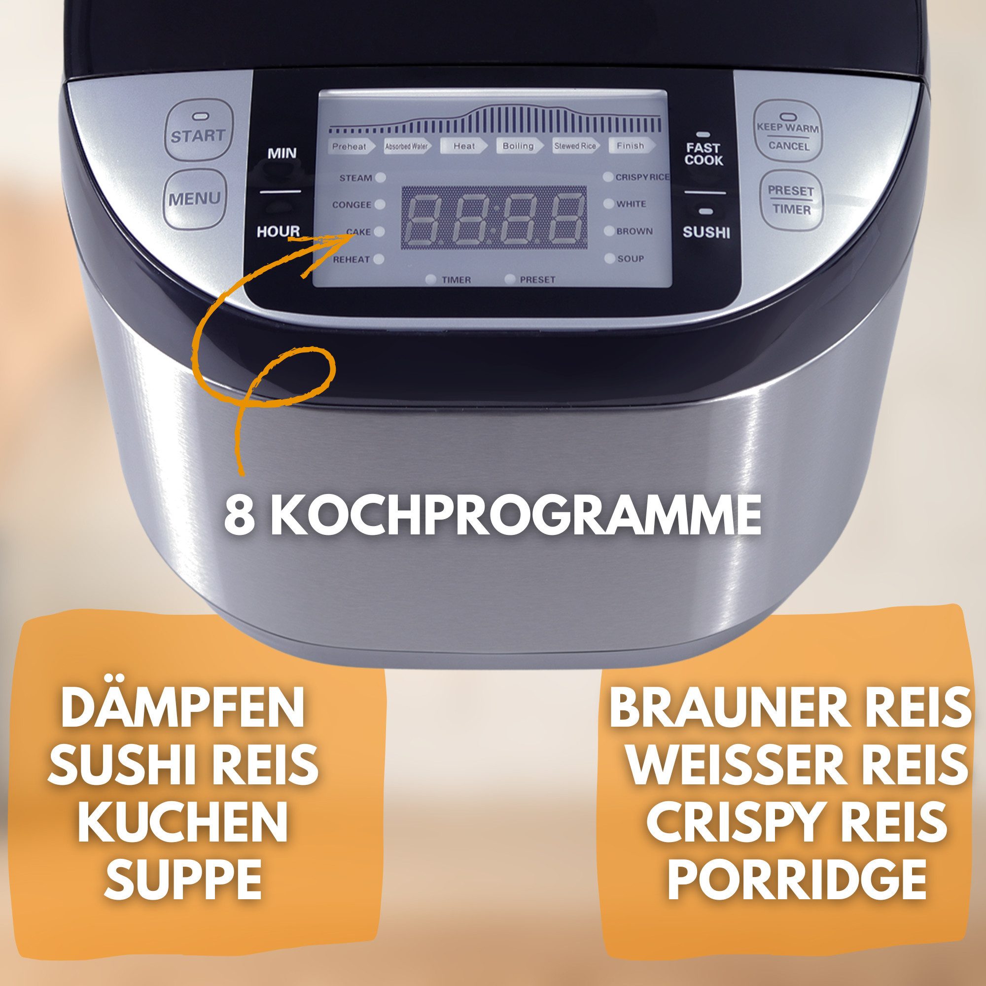 Sommertal Reiskocher Sommertal Reiskocher RK50 5L mit 3D-Heating 790W 8 Kochfunktionen, 790 W, 3D Heizsystem, Warmhaltefunktion & Timer – Bild 4 von 5