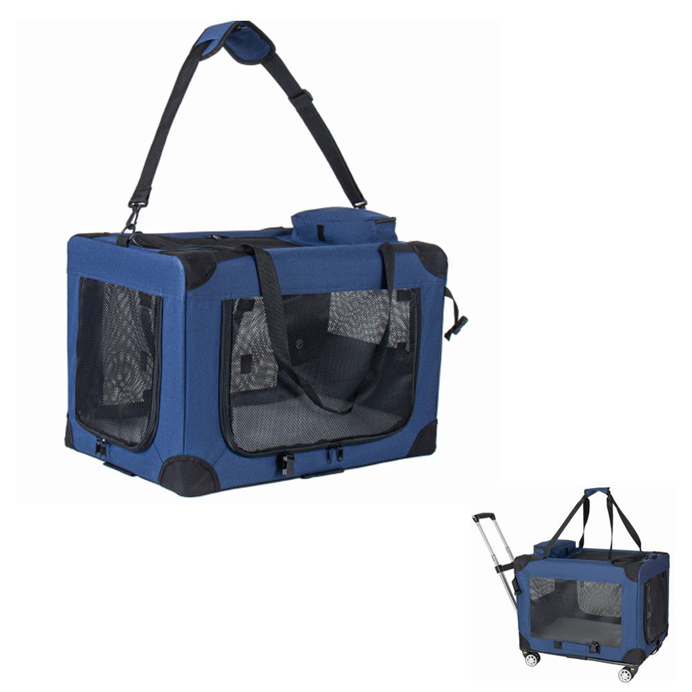 FANNOU Tiertransportbox 2-in-1 faltbare 60cm Transporttasche für mittelgroße bis große Hunde, tragbare Faltbox mit 3 Türen und Netzfenstern, für drinnen, Reisen