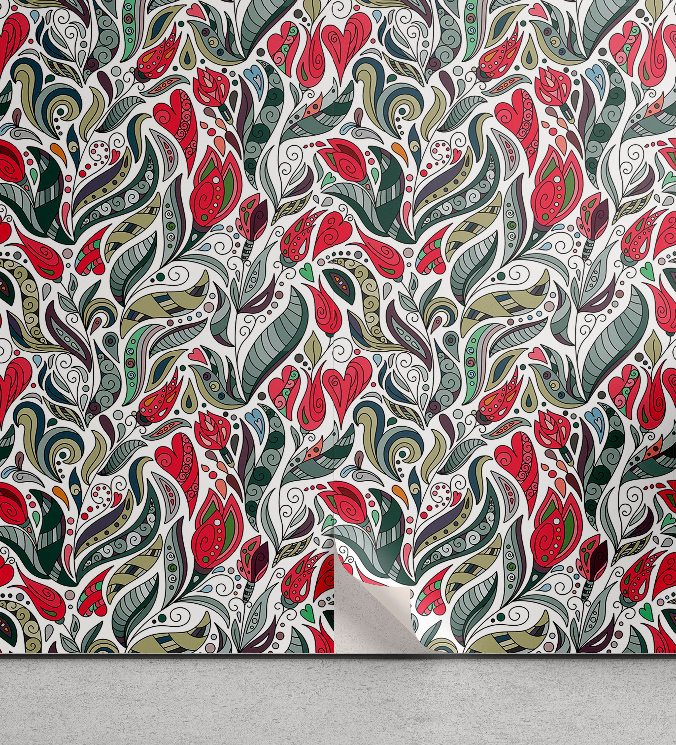 Abakuhaus Vinyltapete selbstklebendes Wohnzimmer Küchenakzent, Retro Farbige Boho Blumen Blatt