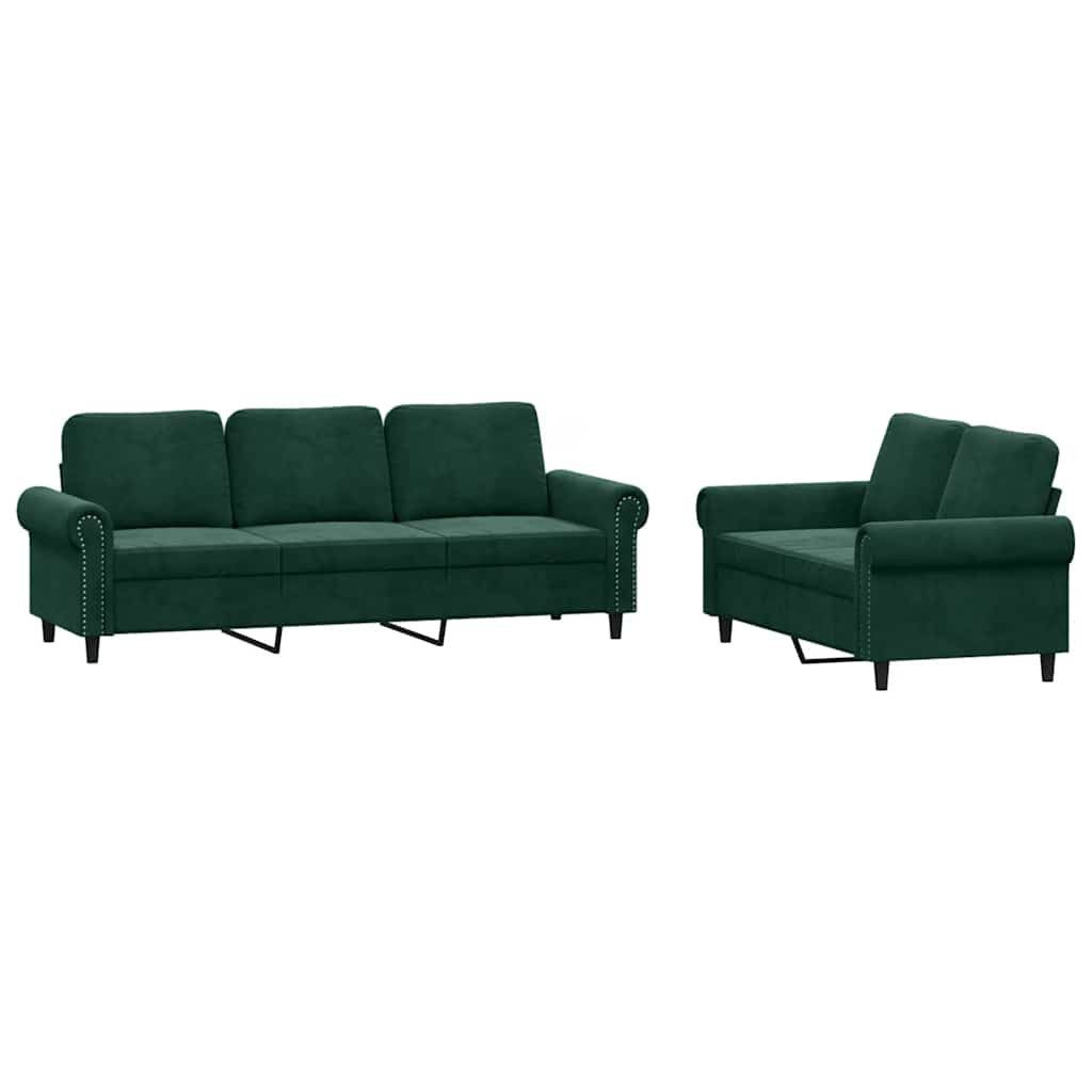 vidaXL Sofa 2-tlg. Sofagarnitur mit Kissen Dunkelgrün Samt, 7 Teile