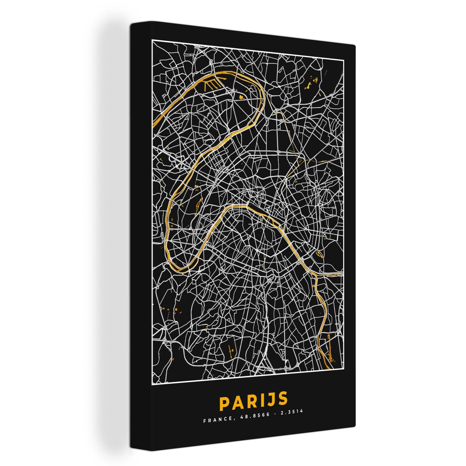 OneMillionCanvasses® Leinwandbild Paris Stadtplan Zackenaufhänger, Gemälde, (1 bespannt - Karte, - 20x30 Gold St), inkl. Leinwandbild fertig cm 