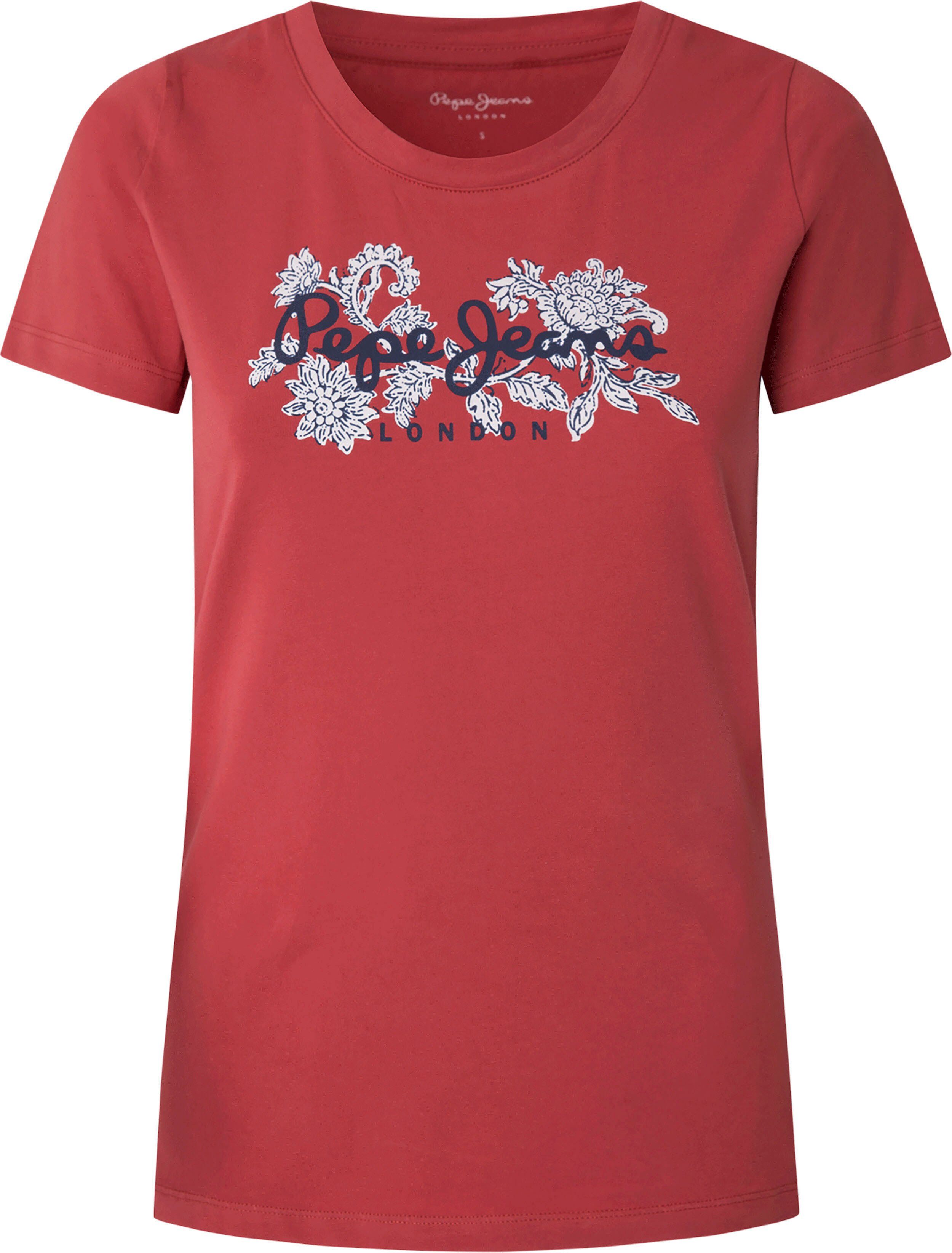 NEREA Logo-Print floralem und mit Stretch Jeans Pepe Rundhalsshirt studio red