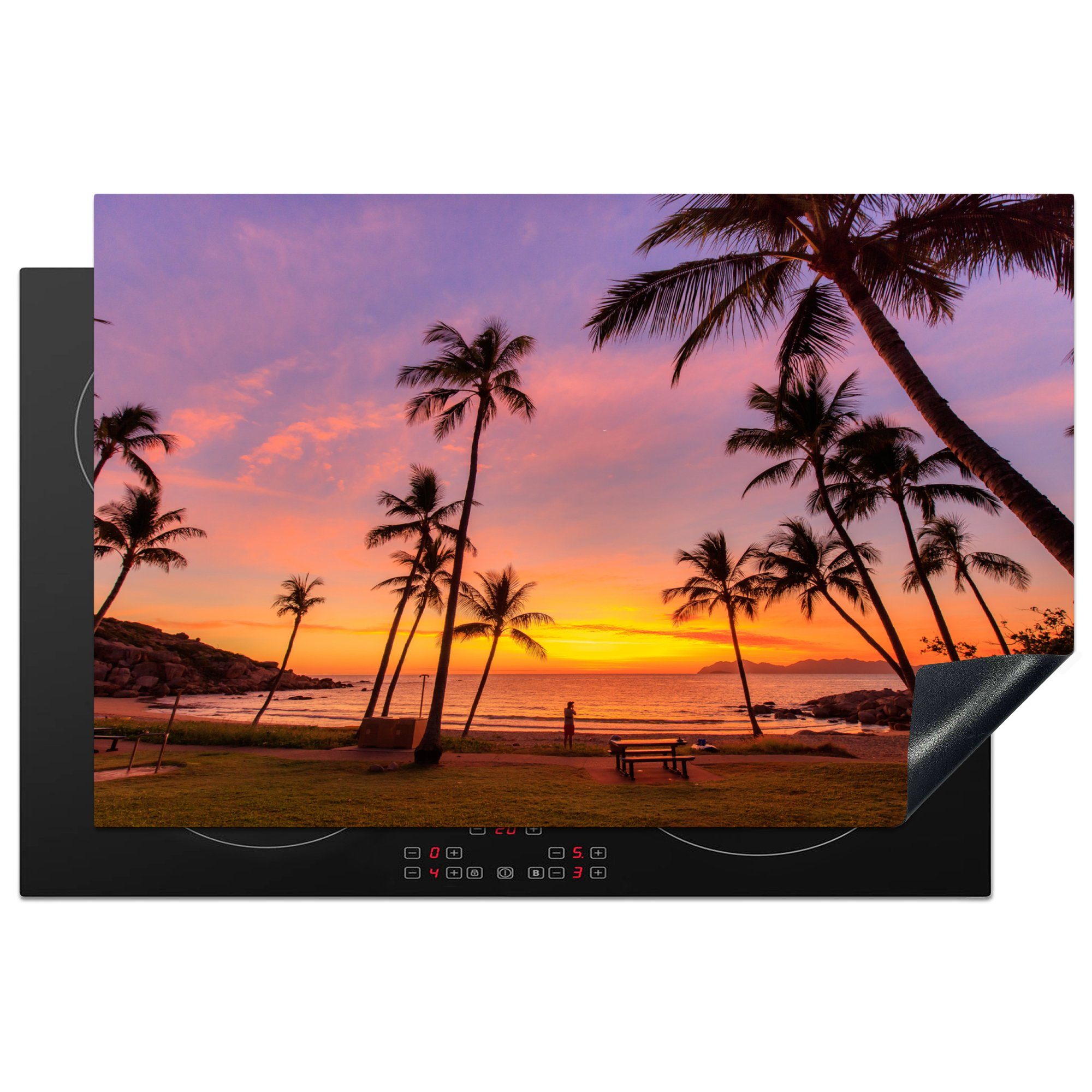 MuchoWow Herdblende-/Abdeckplatte Palmen an einem tropischen Strand bei Sonnenaufgang in Australien, Vinyl, (1 tlg), 81x52 cm, Induktionskochfeld Schutz für die küche, Ceranfeldabdeckung