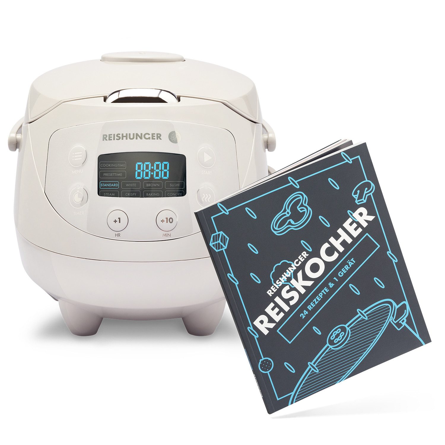 Reishunger Reiskocher Digital Mini – 0,6 L – Multikocher – 8 Programme – Keramikbeschichtung, 350 W, Dämpfeinsatz, Messbecher, Reislöffel, Timer- und Warmhaltefunktion