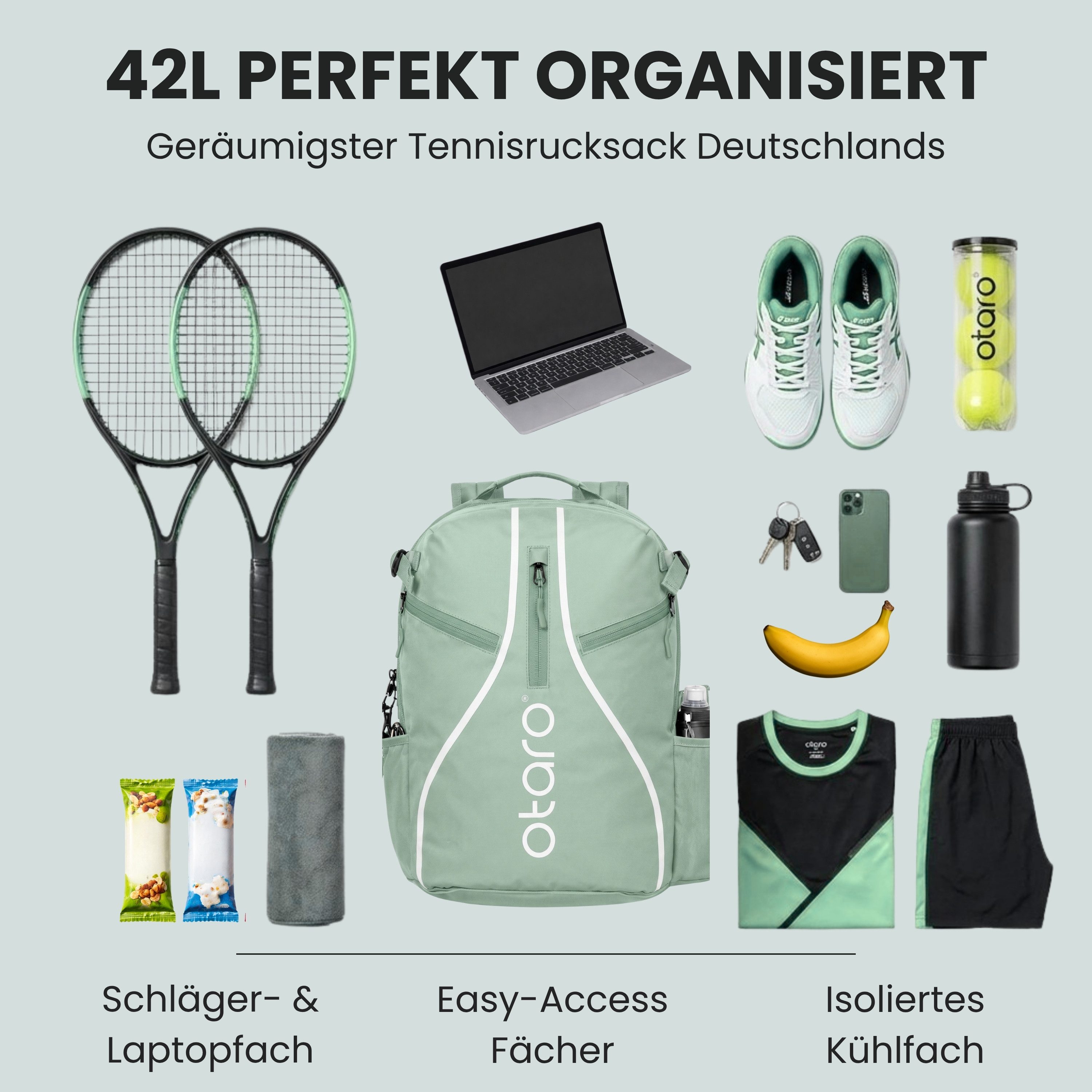 Otaro Tennisrucksack Tennisrucksack mit Schuhfach für 2 Schläger, Pro 42L