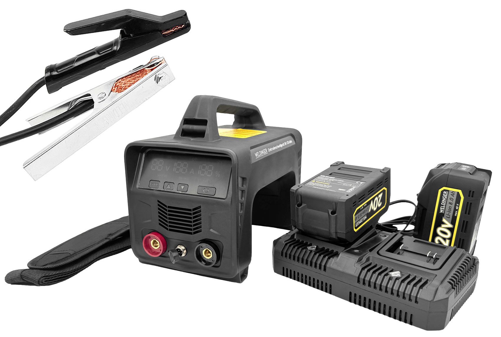 WELDINGER Inverterschweißgerät AKKU Elektroden-Schweißinverter EM 120 akku 5-120A mit Akkus Ladegerät, 5 - 120 A, Set, MMA-Akkuschweißgerät, 240 cm Elektrodenkabel, 150 cm Massekabel