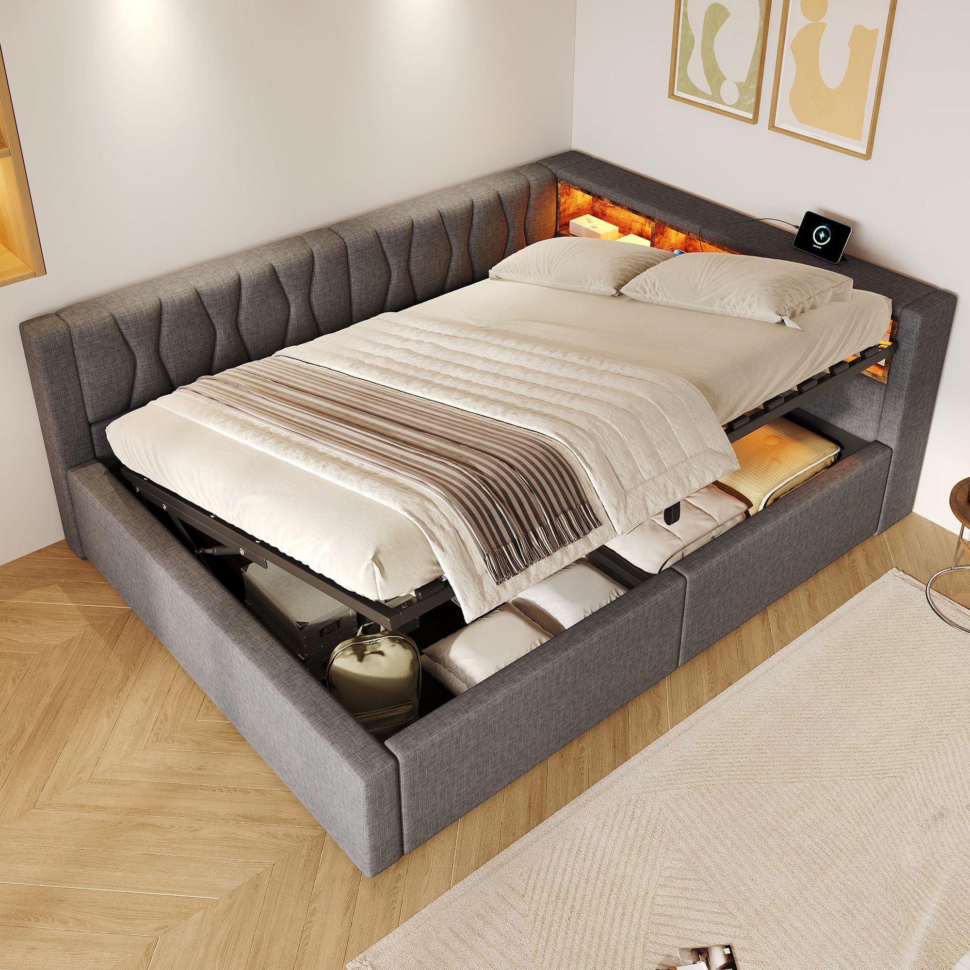 SOFTWEARY Schlafsofa mit RGB LED-Streifen und Stauraum, mit Lattenrost, Regal, Rückenlehne, Aufbewahrung, Type-C und USB, Polsterbett, Einzelbett, Tagesbett, Daybett, 140x200 cm, Leinen