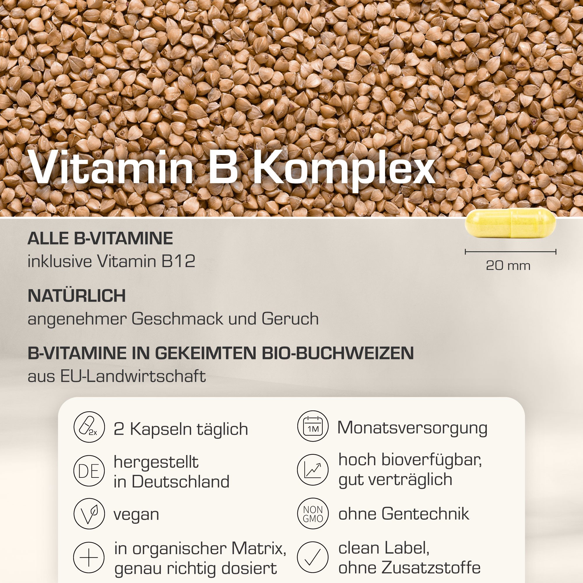 Purabyo Vitamin B Komplex, pflanzlich, in EU Bio Buchweizen, im Glas Kapseln, 1 er 60 St., 36 g