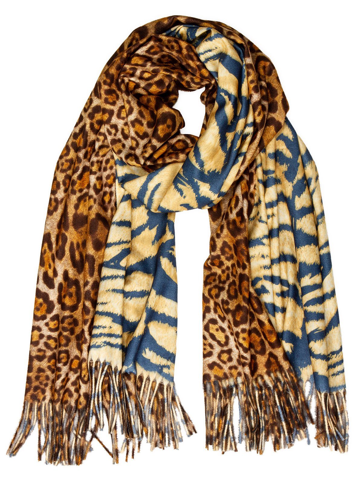 Caspar Modeschal SC502 Damen XL Schal mit stylischem Leo Tiger Animal Print cognac