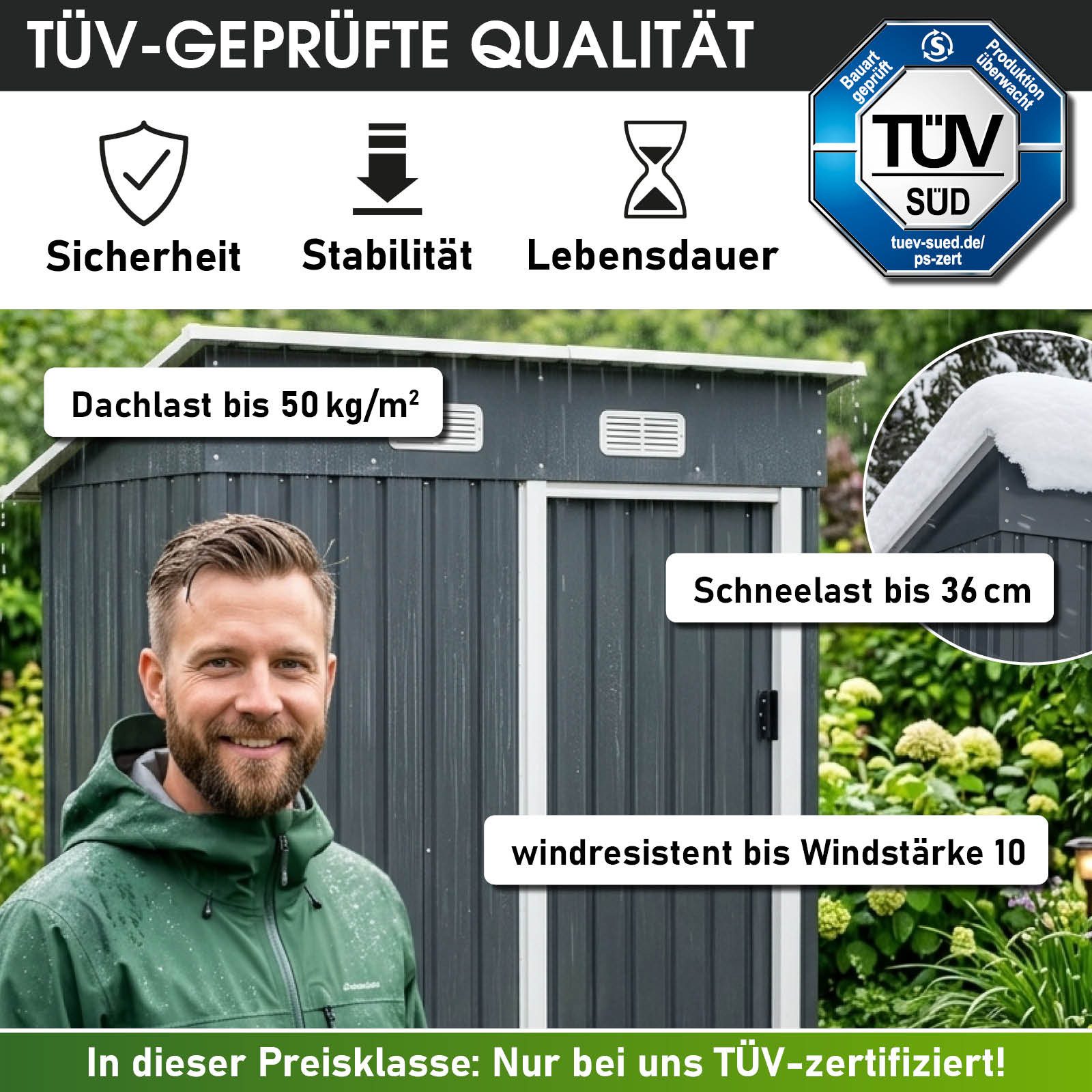 BRAST Gartenhaus Gerätehaus Geräteschuppen Metall, TÜV geprüft, viele Größen, BxT: 163x89 cm, mit Pultdach & Schiebetür, wetterfest wasserdicht