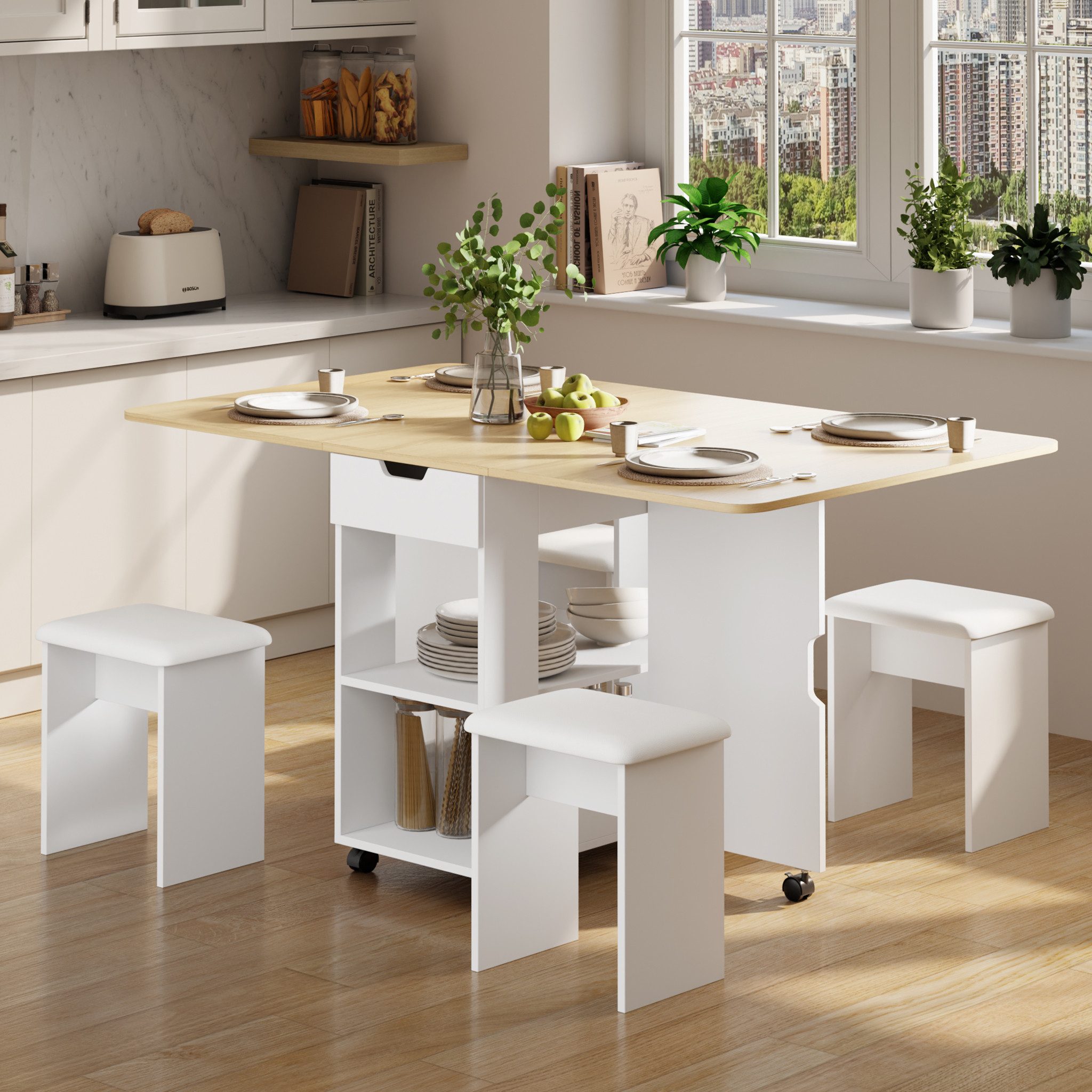 Mondeer Essgruppe Esstisch mit 4 Polsterhocker, (140x80 cm), Platzsparender Drop-Leaf-Tisch mit 2 Schubladen & Rollen