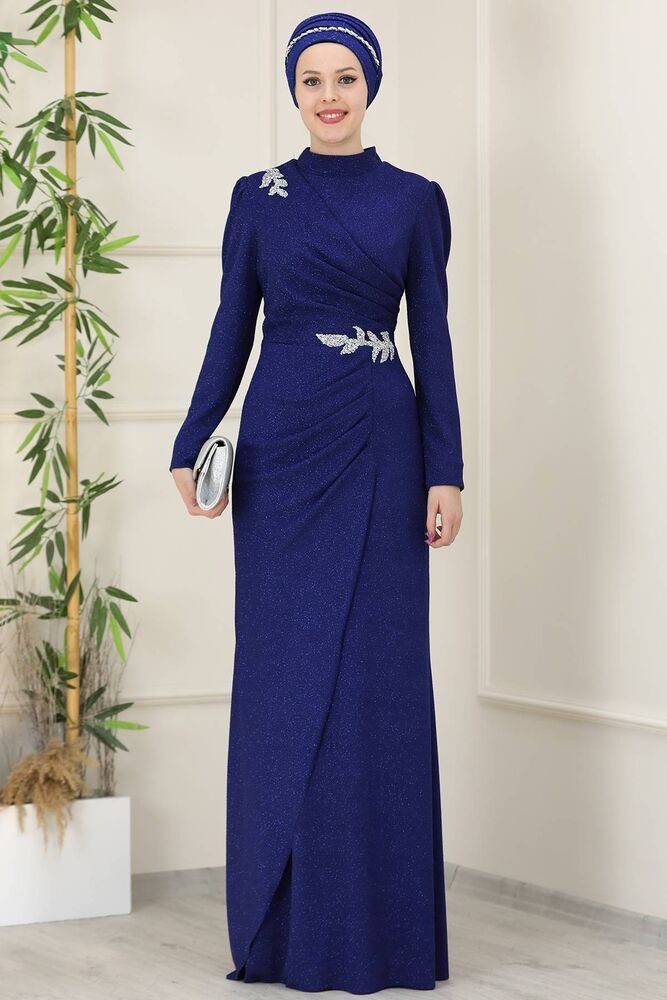 Modavitrini Maxikleid Damen Abendkleid Abaya Abiye Hijab Kleider langärmliges Maxikleid Glitzer Stoff hell Blau
