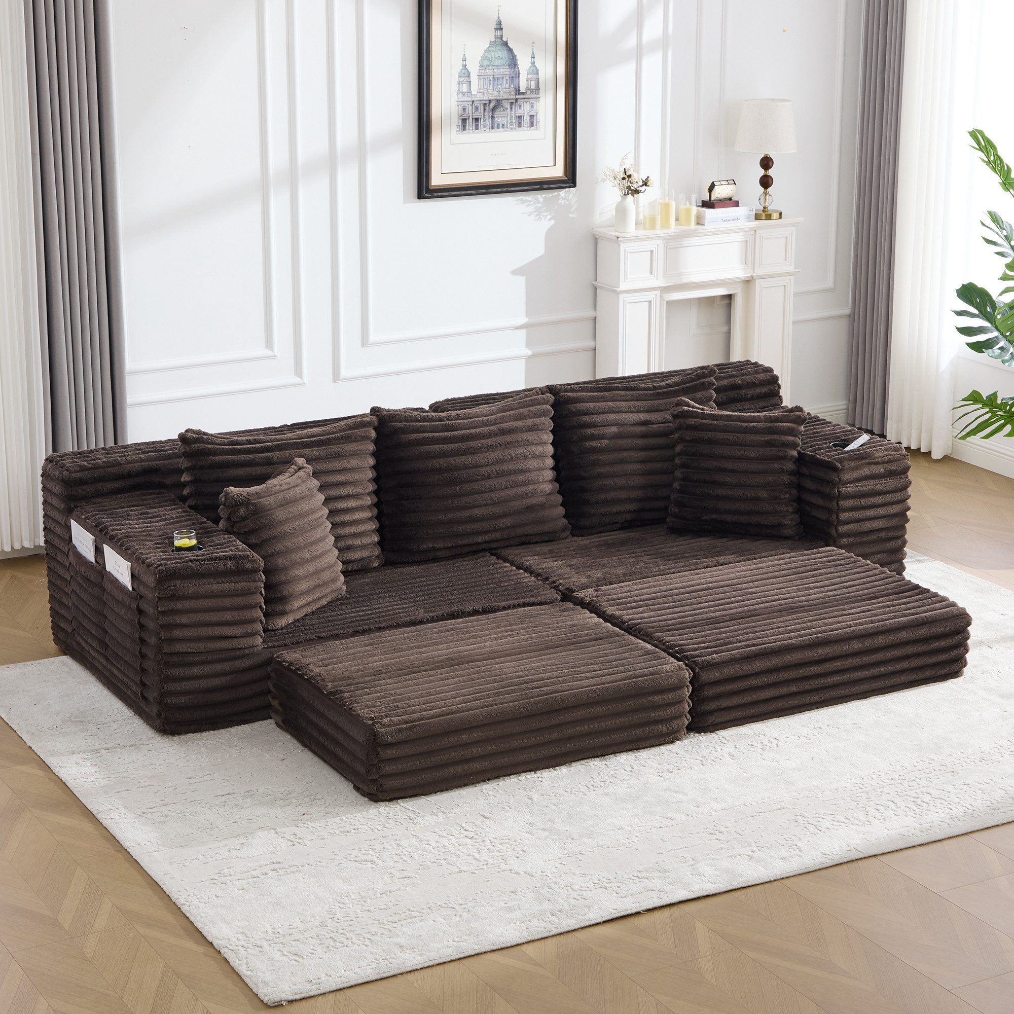 OKWISH Sofa Loungesofa, mit Sitzkompressions-Funktion, hoher Rückenlehne, Zusatzkissen, beidseitigen Taschen und Getränkehaltern – Frei als Schlafsofa kombinierbar