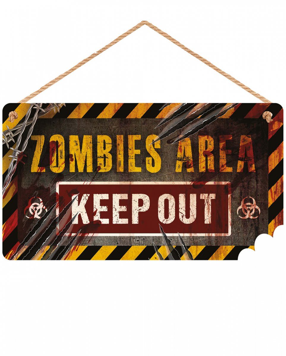 Horror-Shop Hängedekoration für Holz Out Keep Warnschild Area Halloween Zombie